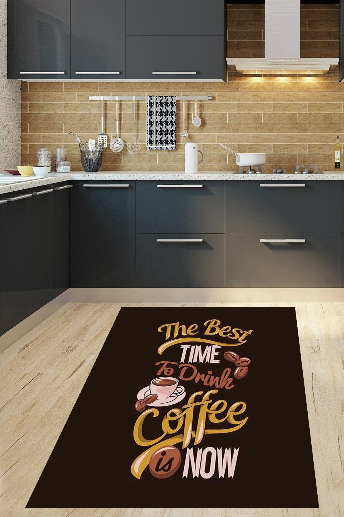 Pelangi Kahve Coffe Desenli Mesajlı Dijital Baskılı Kaymaz Taban Yıkanabilir Leke Tutmaz Mutfak Halısı, Kahverengi 100 x 350
