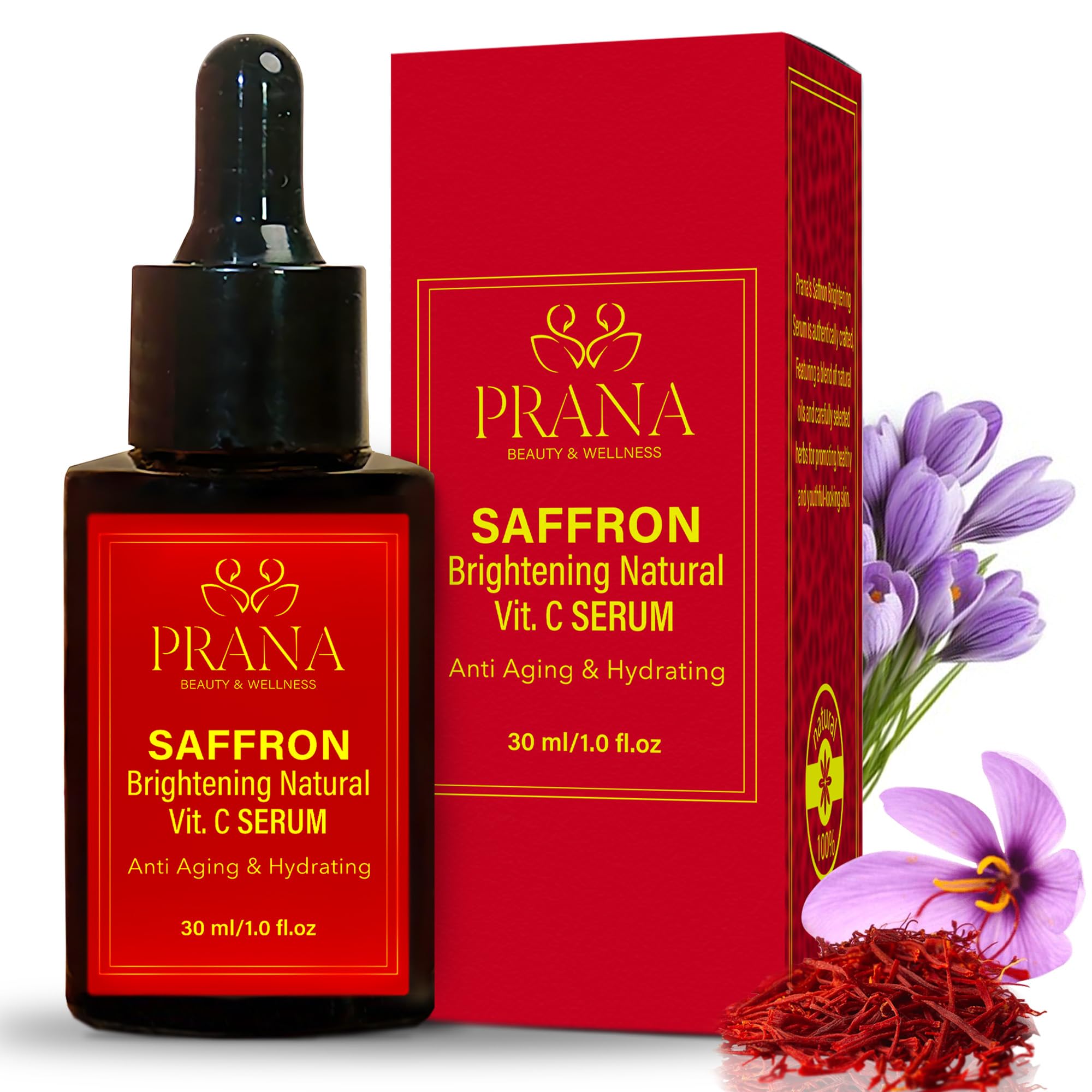 Prana Saffron Brightening Vitamin C Serum 30ml/1 fl oz | 100% Natural Skincare| Ayurvedic ingredients|Pure Saffron and Lotus | For deep hydration, Even Skin Tone, Acne & Dark Spots | Anti-aging