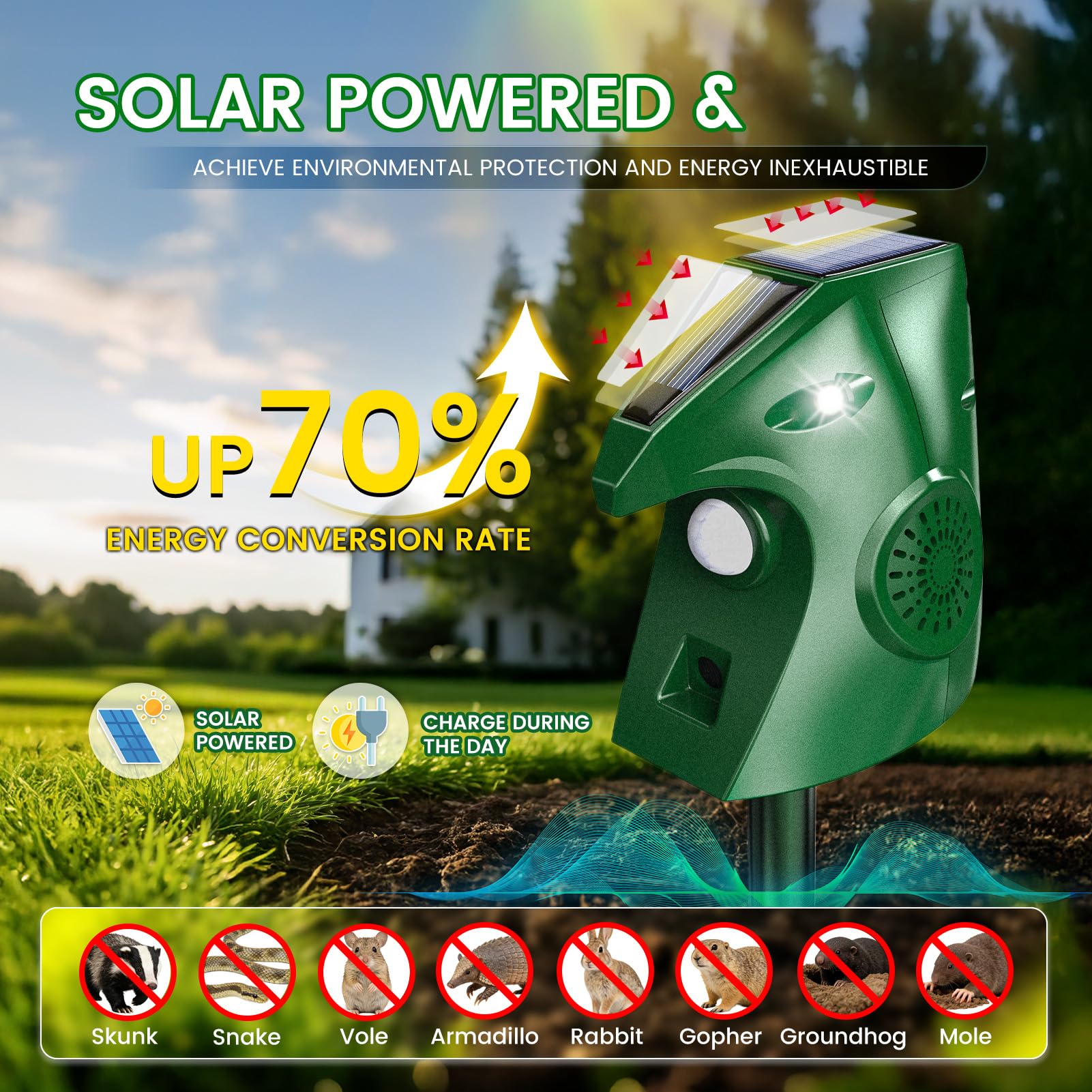 Ultrasonic Animal Repellent Outdoor, Solar Power Cat Rodent Raccoon Repeller, Squirrel Skunk Control Device with Motion Sensor and FIashing Light, Waterproof Rabbt Snake Deterrent for Outdoor - 3