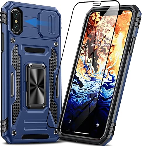 Oterkin Funda para iPhone X, iPhone Xs con cubierta deslizante para cámara y protector de pantalla de vidrio templado, soporte giratorio de 360,
