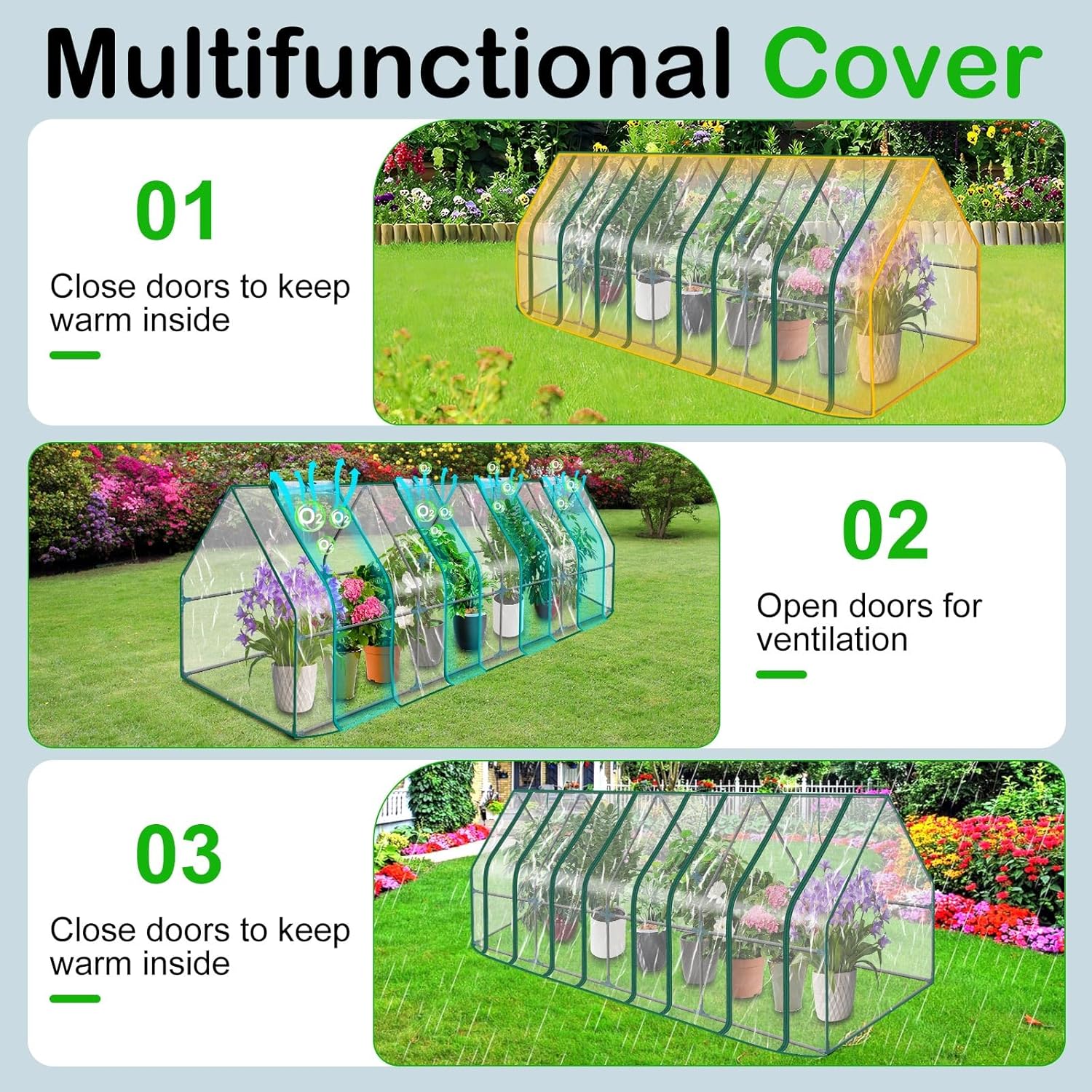Mini Greenhouse for Outdoor 12'x3'x3' Portable Tunnel Greenhouses with Roll up Zipper Door for Protecting Plant, 4 Grid Heavy Duty Cover Tent, UV Waterproof Cover, Steel Clear Frame