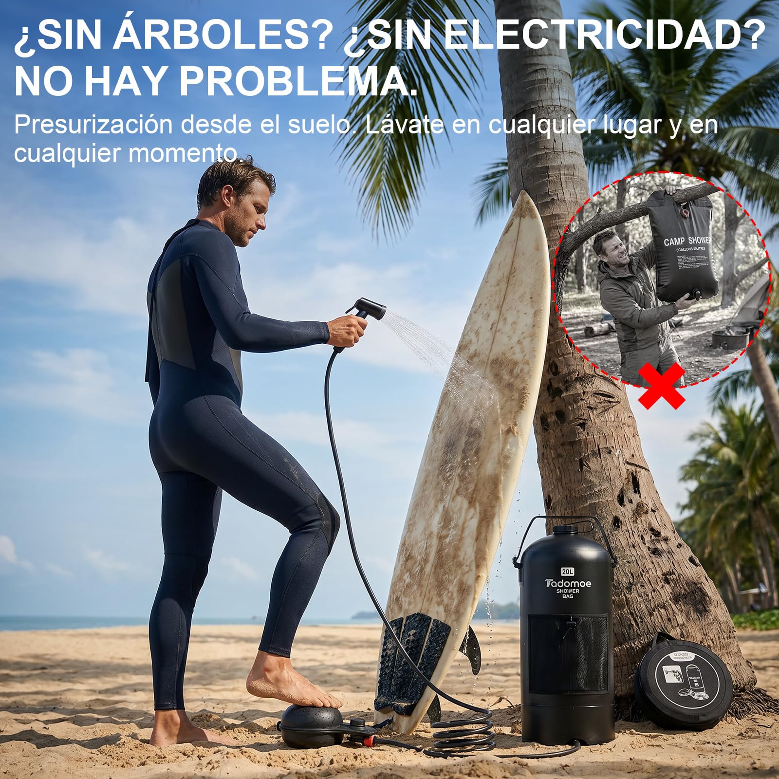 Ducha Portátil de Camping 20L con Bomba de Pie y Manguera 2m | Presión a Pie, Uso sin Colgar, Ideal para Camper, Surf, Playa, Perros, Bolsa de Transporte