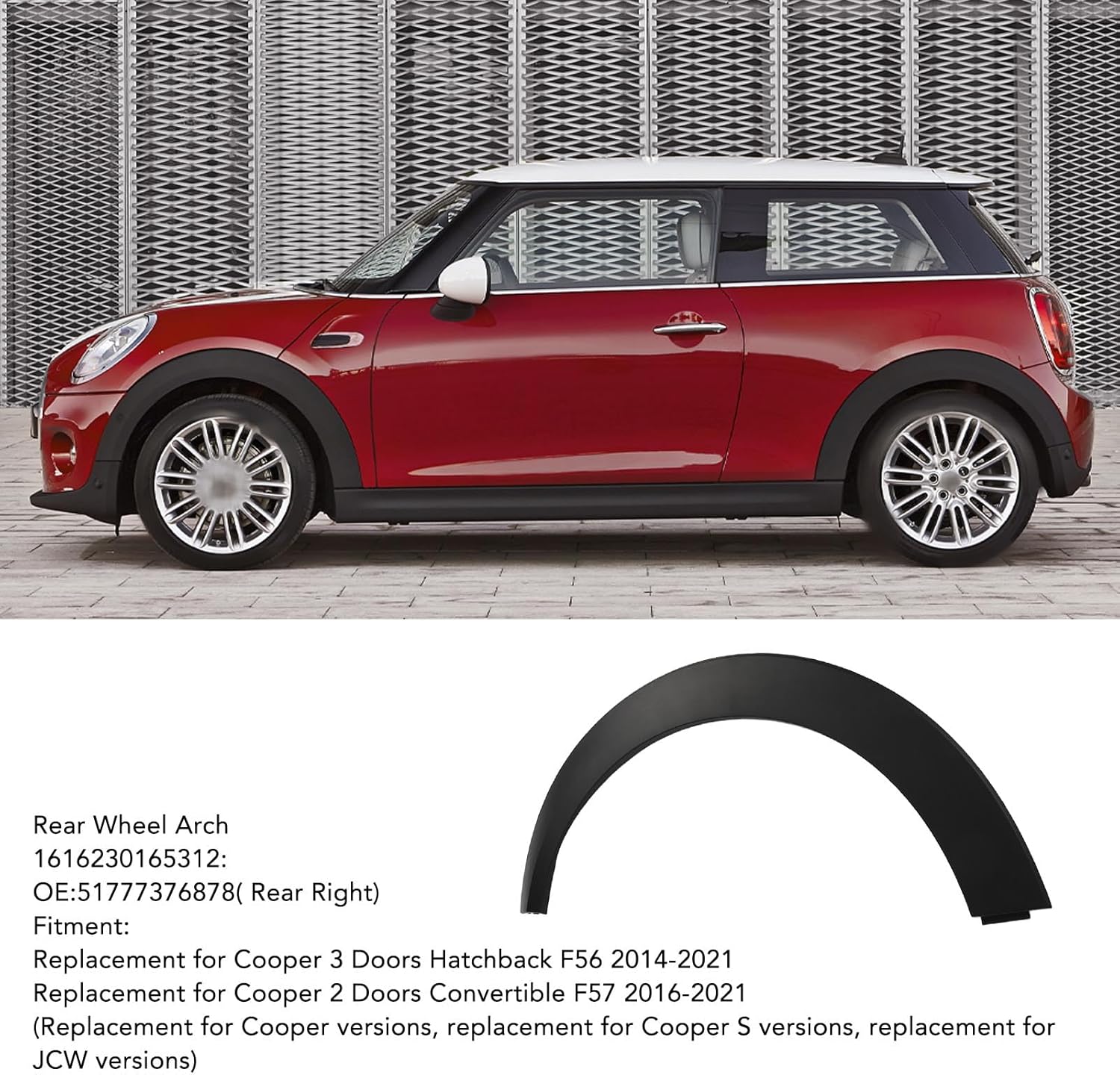 Auto Fender Flares Car Wheel Arch Trim Rear Wheel Arch Wheel Eyebrow Car Moulding Mudguard Flare Replacement for Cooper F56 2014 to 2021(Rear Right (51777376878))