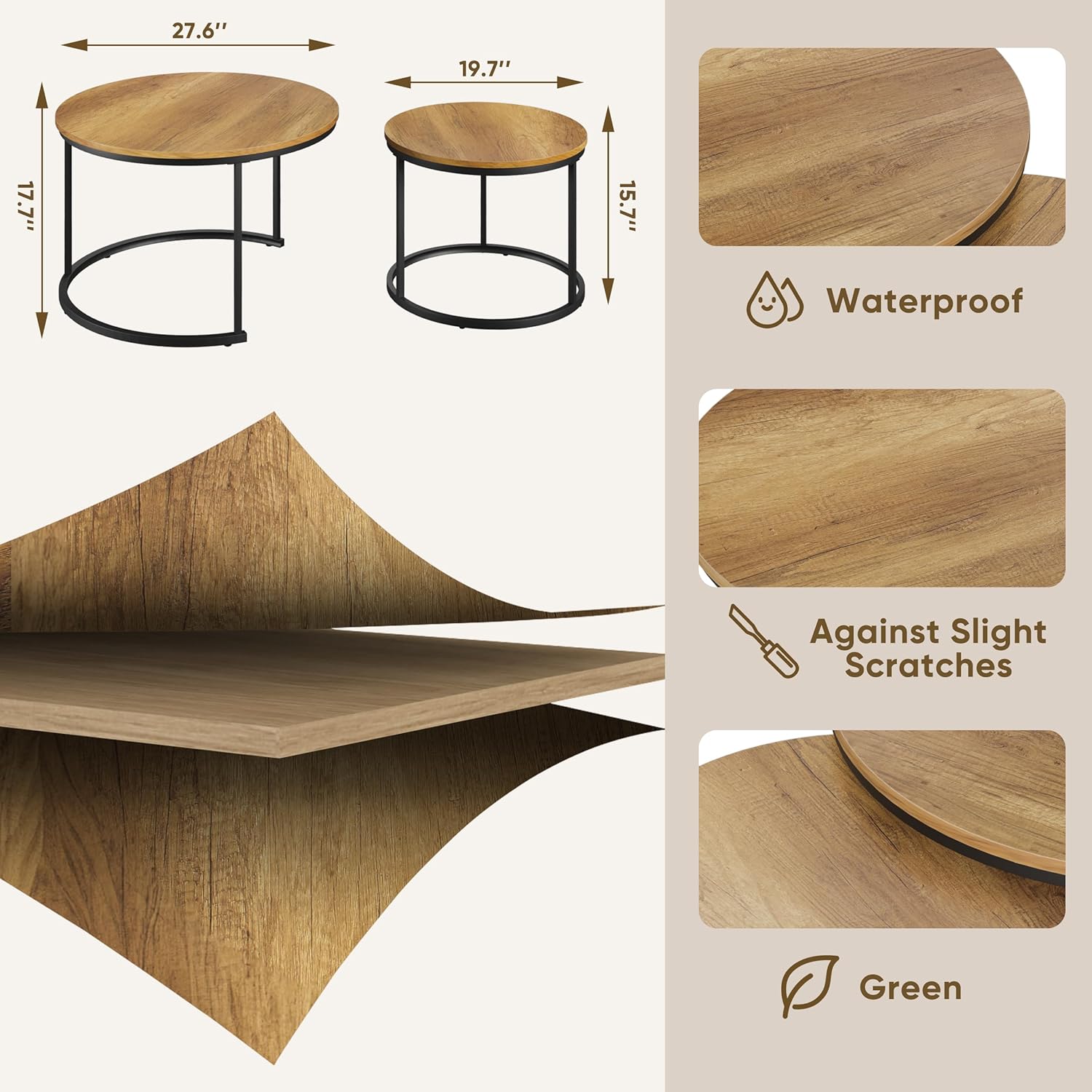smuxee nesting coffee table set of 2, 27.6" round coffee table wood grain top with adjustable non-slip feet, industrial end table side tables for living room bedroom balcony yard 27.6"w brown