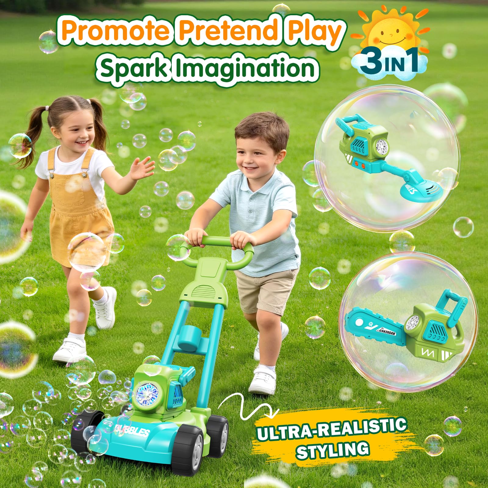 Bubble Lawn Mower for Kids, 3-in-1 Bubble Machine Blower with 10 Bubble Solution, Outdoor Push Toys for Toddlers Ages 3-8, Birthday Easter Summer Gift for Boys Girls 3 4 5 6 7 8 Year Old - 3