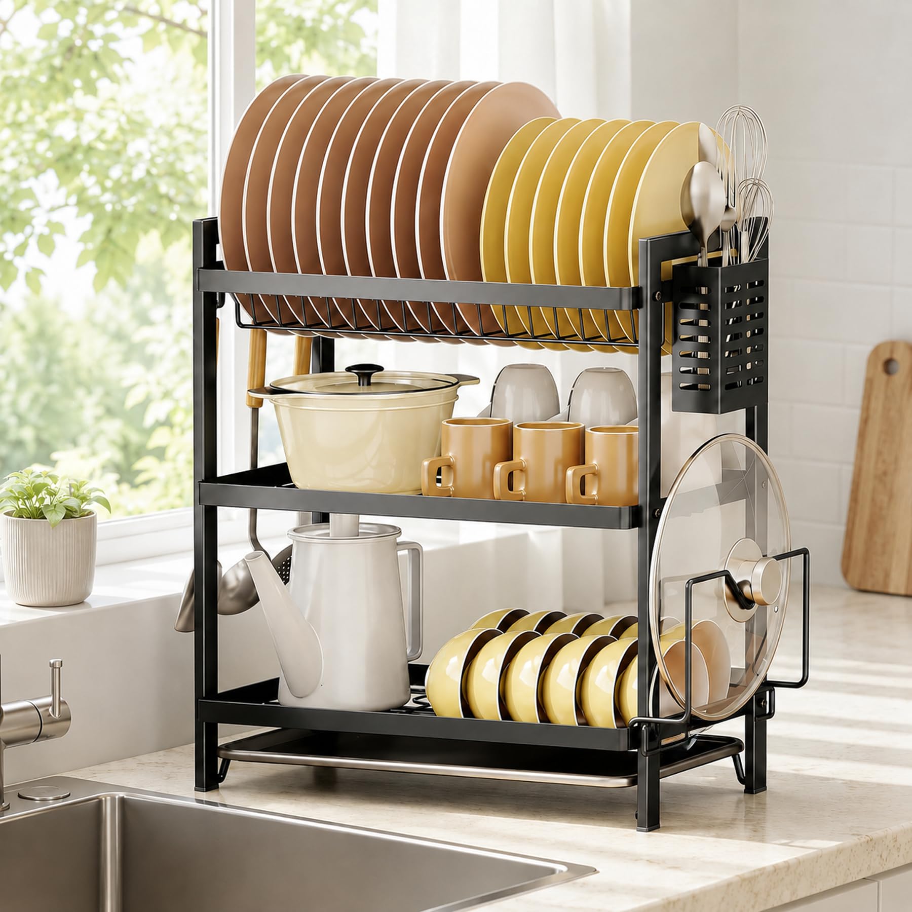 COMFYHOME Dish Rack with Drainer Tray, 3 Tier Carbon Steel Kitchen Utensils Drying Rack, Saving Countertop Organizer, Plate Stand & Dish Stand, Suitable for Plates, Cutlery, Bowls (44 x 24 x 50cm)