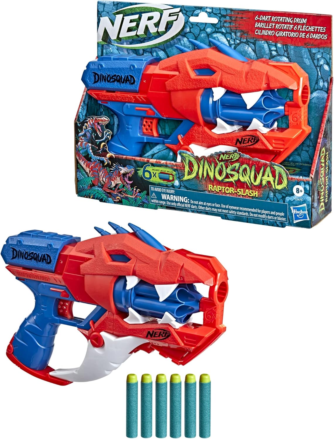 Nerf DinoSquad Raptor-Slash Dart Blaster, 6-Dart Rotating Drum, Slam Fire Action, 6 Official Elite Darts, Velociraptor Dinosaur Design