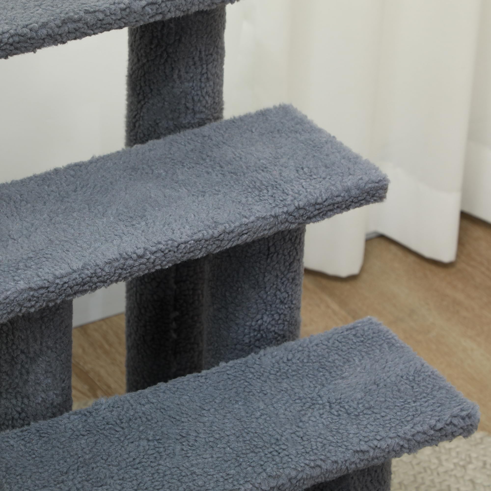 PawHut Scaletta per Cani e Gatti a 4 Gradini in Peluche 61x41x60cm Grigio | Scala per Gatto e Animali Domestici Antiscivolo, Scalini per Cuccioli per Letto e Divano