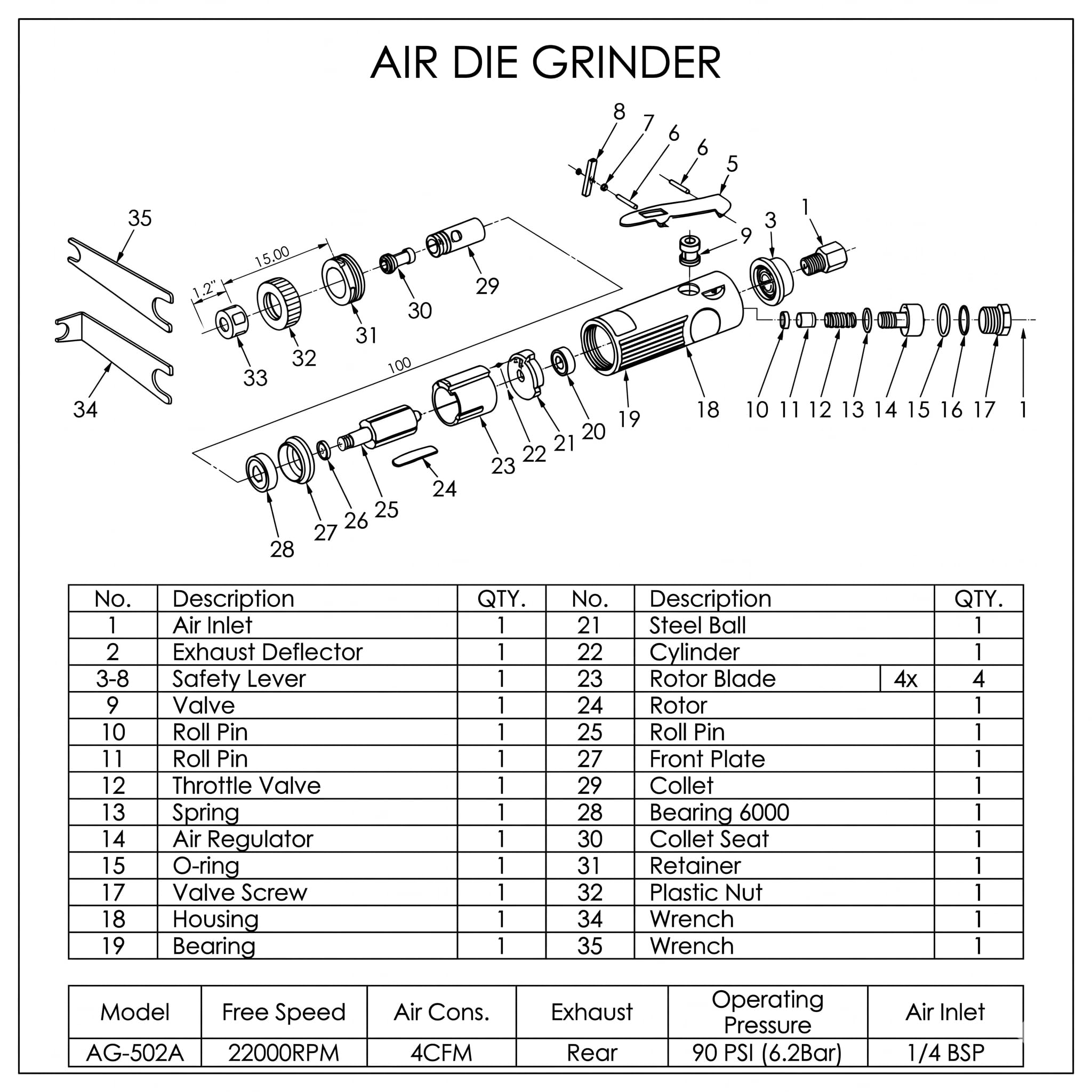 ORAZIO 212505B - Kit per smerigliatrice pneumatica, mini smerigliatrice dritta per riparazione pneumatici e altre applicazioni, con accessori da 3 mm e 6 mm, 16 pezzi
