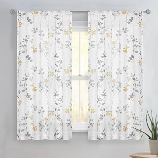 Beauoop Floral Linen Semi Sheer Curtains Living Room Yellow Grey 50x54x2