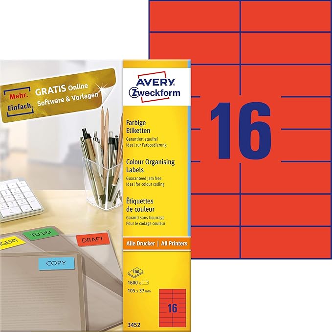 Avery 3452 - Caja de 100 hojas etiquetas laser, 105x37 mm, color rojo