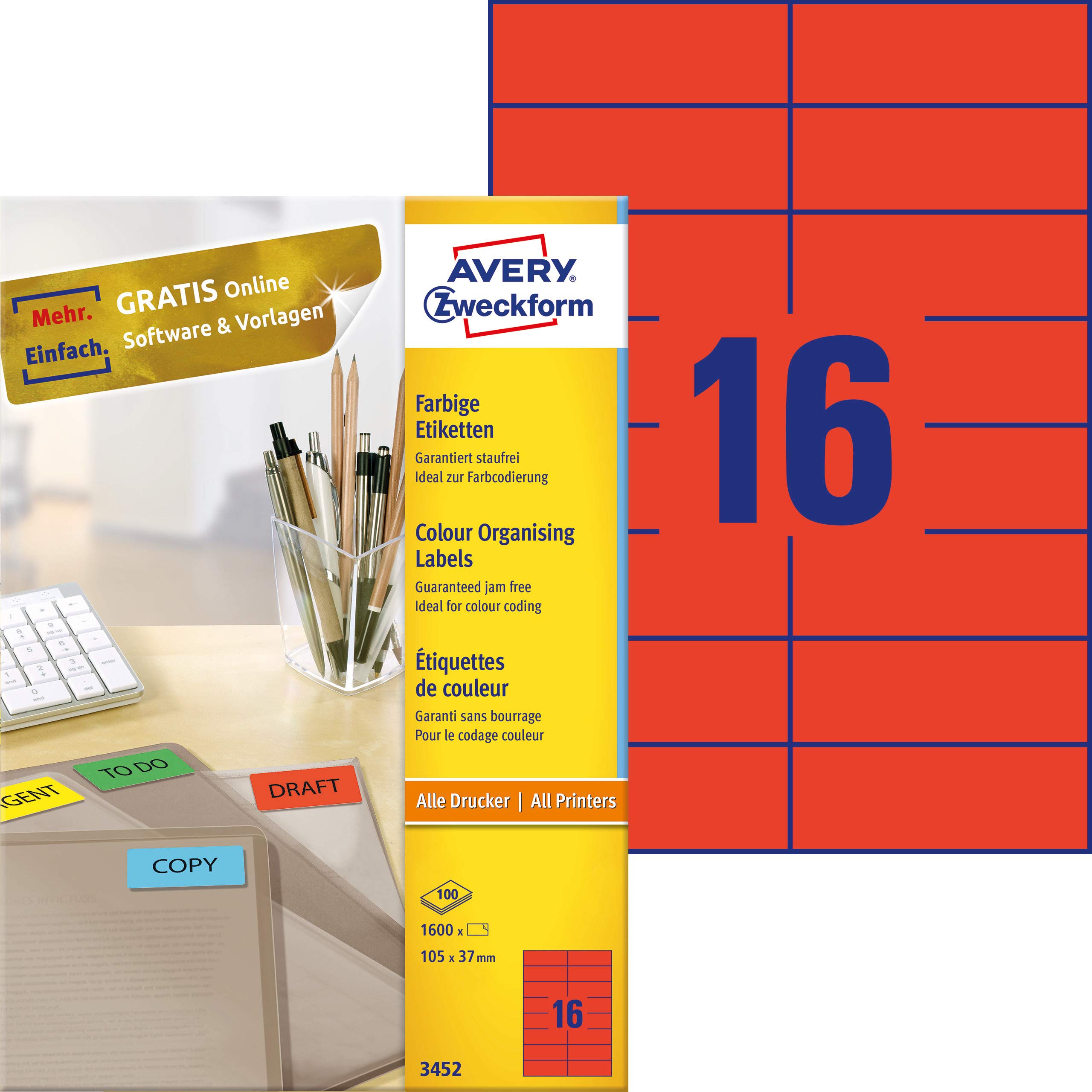 Avery Zweckform 3452 Coloured Labels – A4 – 1600 Labels 105 x 37 mm 100 Sheets Red