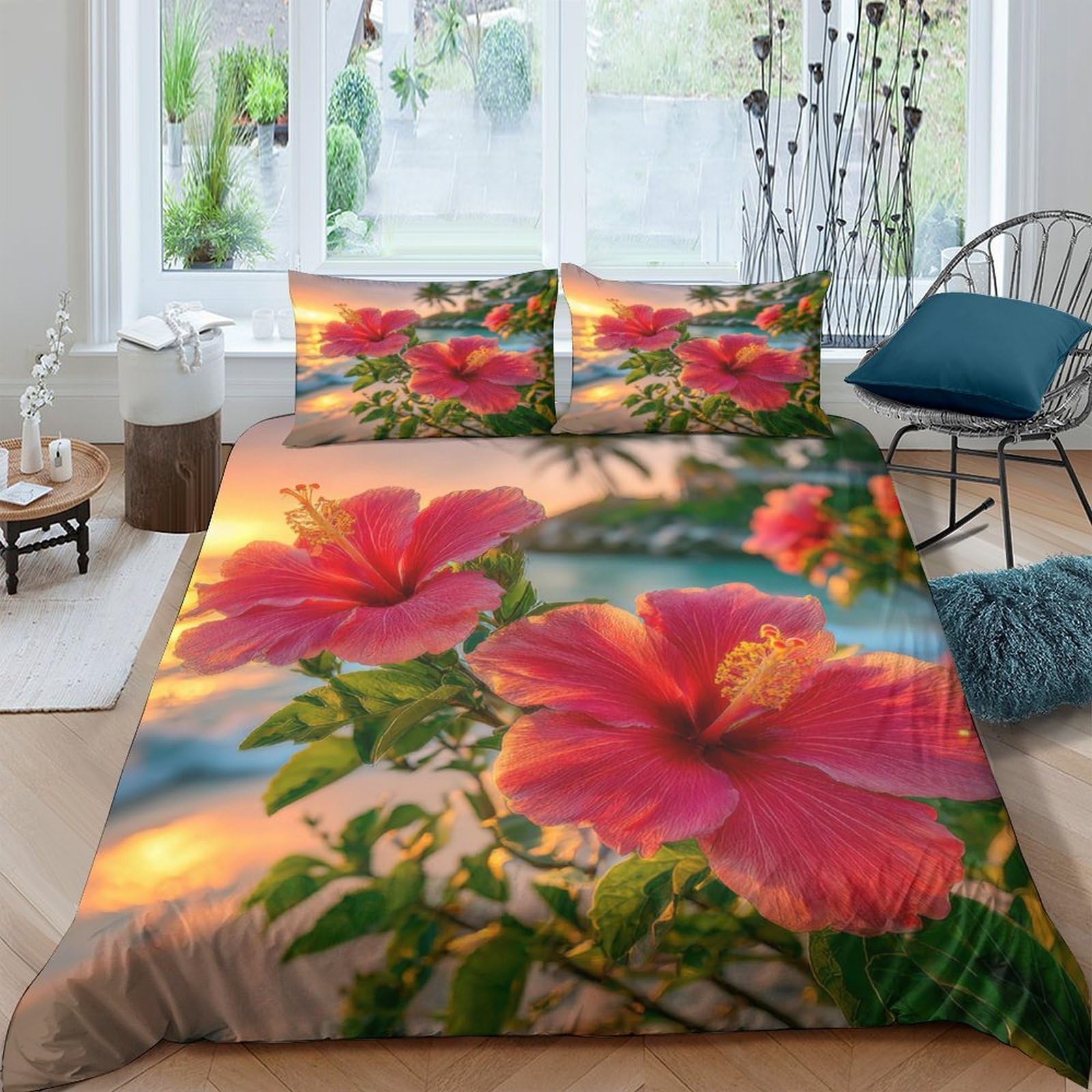 Ctjqhvkz Style-9 3D Printed Hibiscus Sunset Fitted Sheet Microfiber Floral Tropical Bed Cover For Bedroom Guest Room Decor Easy Care Single（135X200cm）