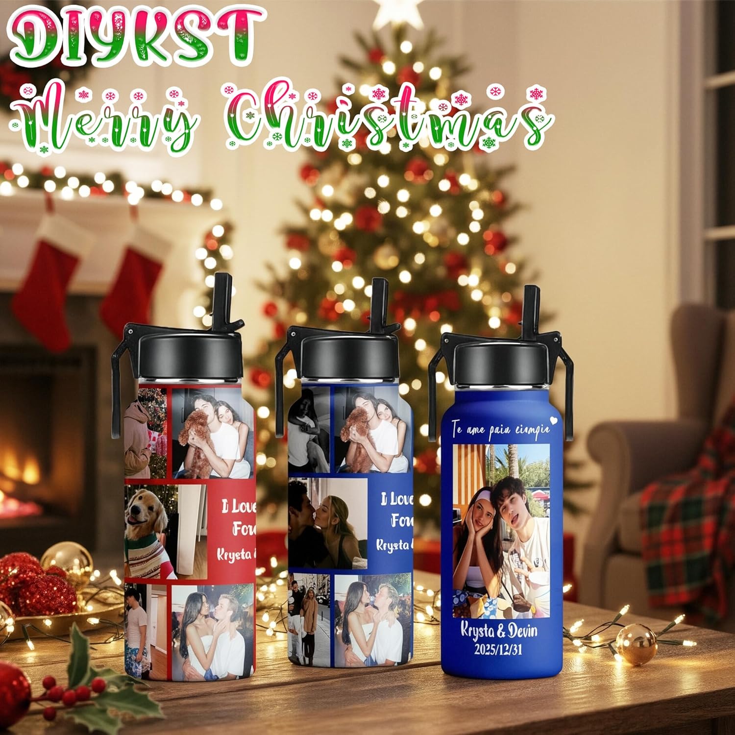 DIYKST Personalized Water Bottles with Straw for Adults Women, 18oz/32oz Insulated, Custom Water Bottle with Photo/Picture/Name Customized Gifts for Kids, Family, Couples, Christmas, Birthday - Image 7