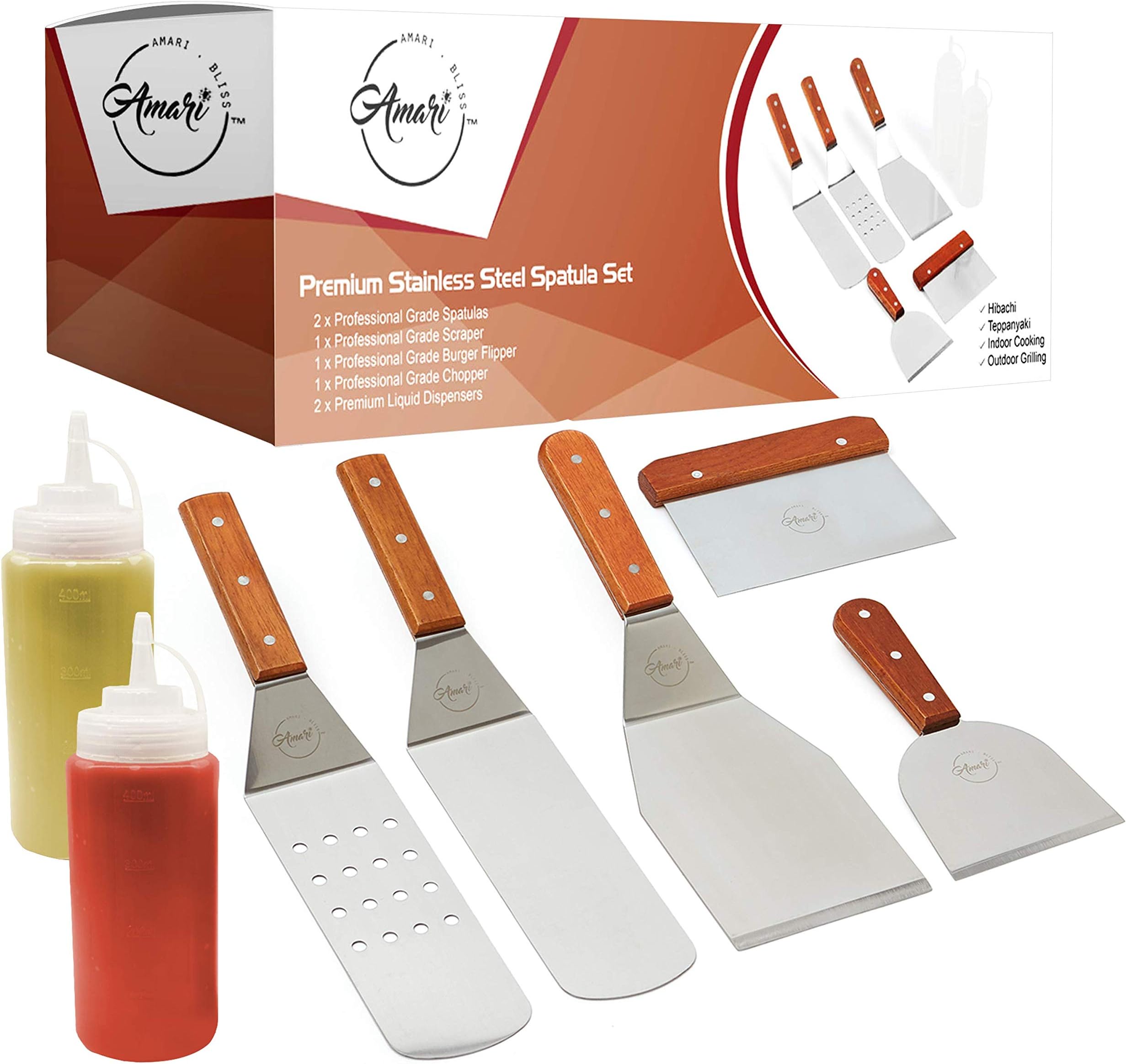 Hibachi Grill BBQ Accessories Griddle Spatula Flat Top Grill Tool Kit Metal Stainless Steel Spatula Set Hamburger Chopper Flipper Kitchen Utensil Set BBQ Grill Accessories Scraper Camping Accessories