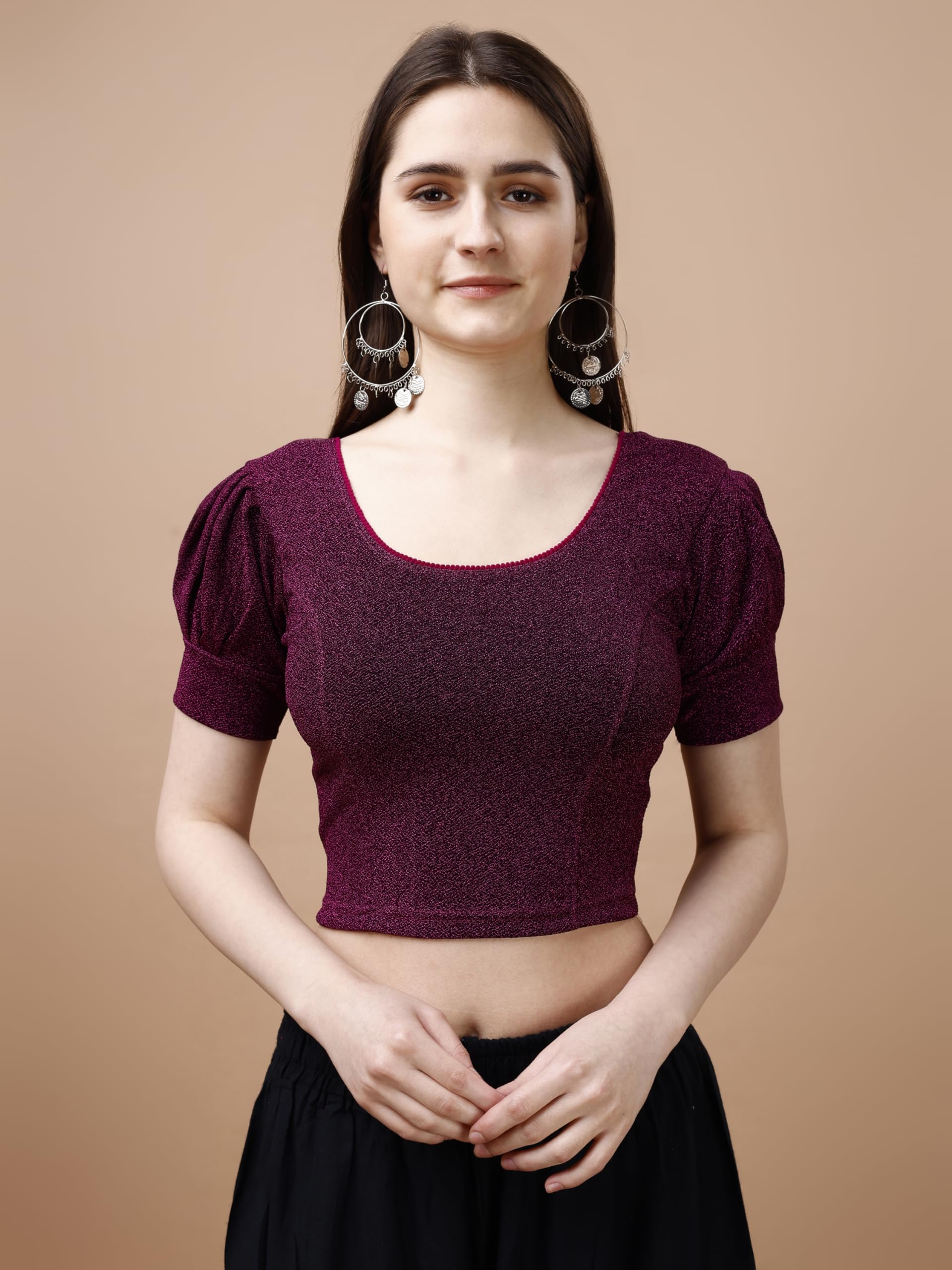 Pujia Mills Women's Readymade Shining Lycra Stretchable Round Neck Half Puff Sleeve Blouses Lycra Stretchable Wine Color Blouse For Women Readymade Saree Blouse