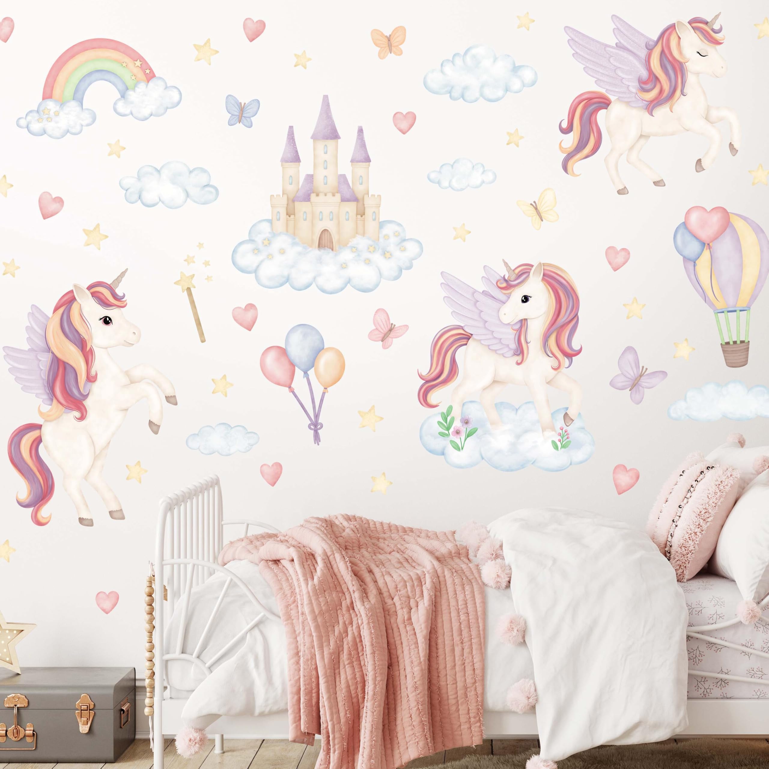 Wandtattoo Kinderzimmer Einhörner - Kinderzimmer Deko 50 separate Aufkleber - Wandtattoo Kinderzimmer Sicher für Kinder - Wanddeko Pastellfarbene, Rosa, Violette - Magische Einhörner