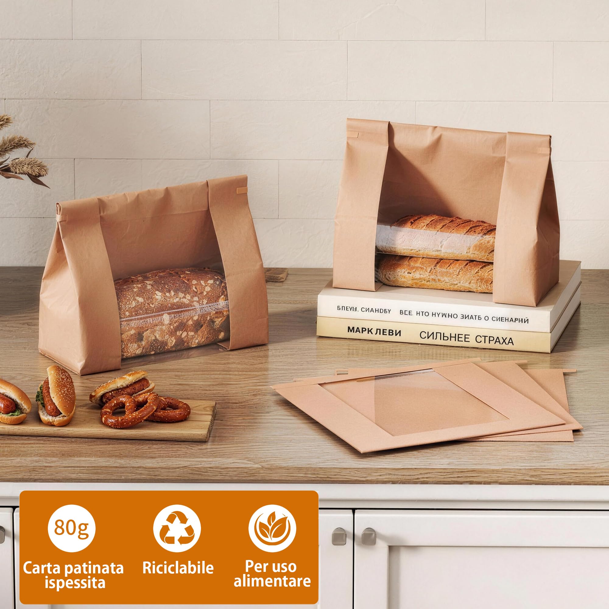 100 Sacchetti Pane Carta 26 x 11 x 26 cm, Addensato Sacchetti di Carta con Finestra Trasparente, Grandi Sacchetto di Cottura con Chiusura a Cravatta di Latta e Adesivi per Toast, Treat