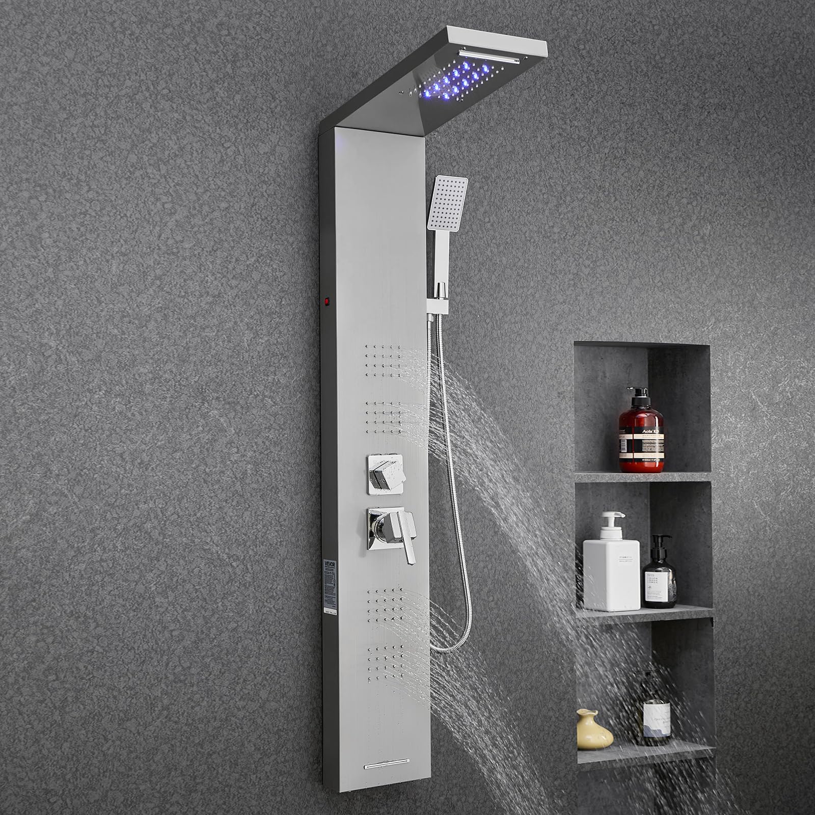 VEVOR Pannello Doccia a Torre con Soffione a Cascata LED, Colonna Doccia in Acciaio Inox Spazzolato 1345 mm, Rubinetto 5 Funzioni con Doccetta e Beccuccio per Vasca