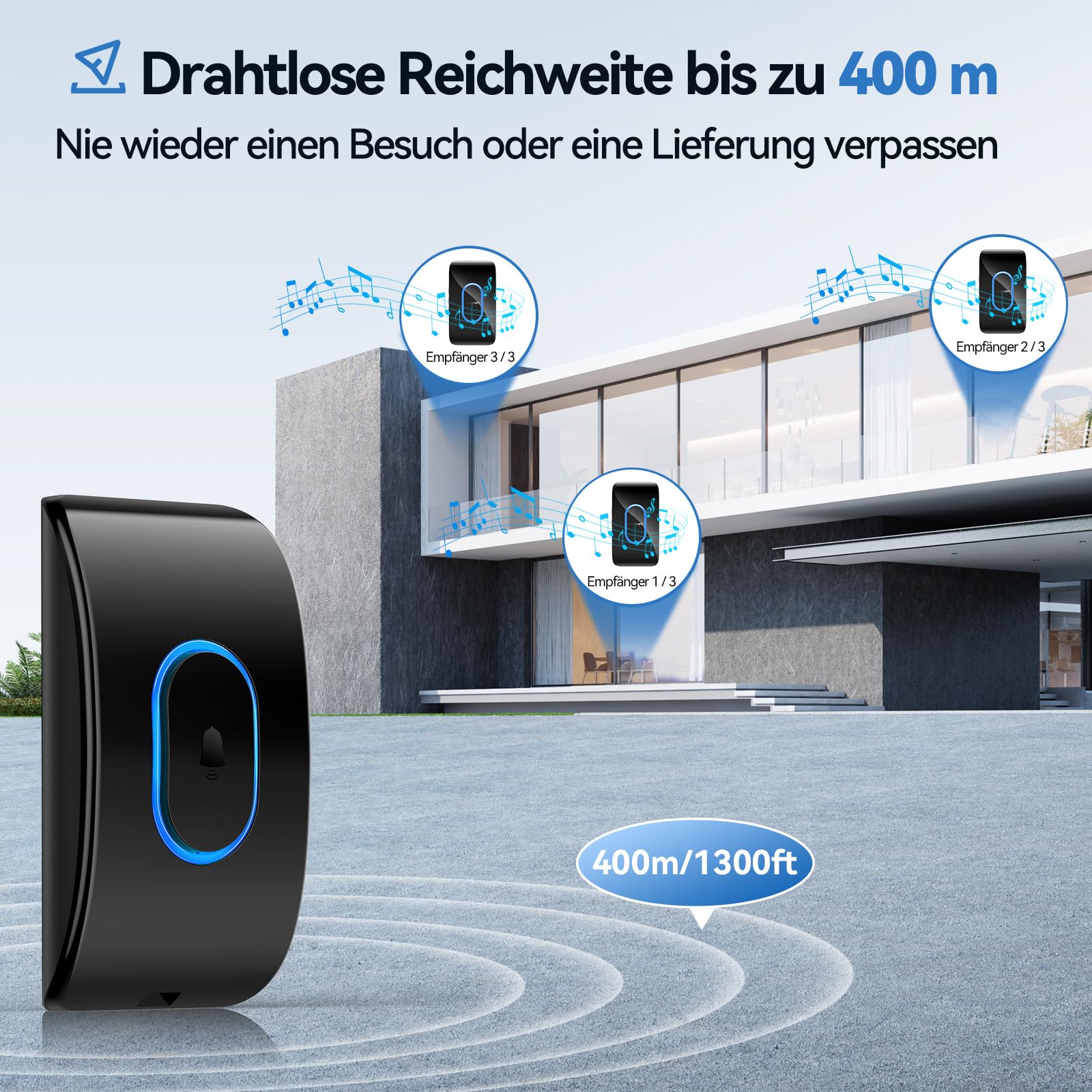TECKNET Türklingel IP65 Funkklingel Aussen Wasserdicht, 400m Reichweite, Klingelset mit 1 Sender und 3 Empfängern, 5 Lautstärkestufen, 60 Melodien, Funkklingel mit LED-Blitz – Schwarz