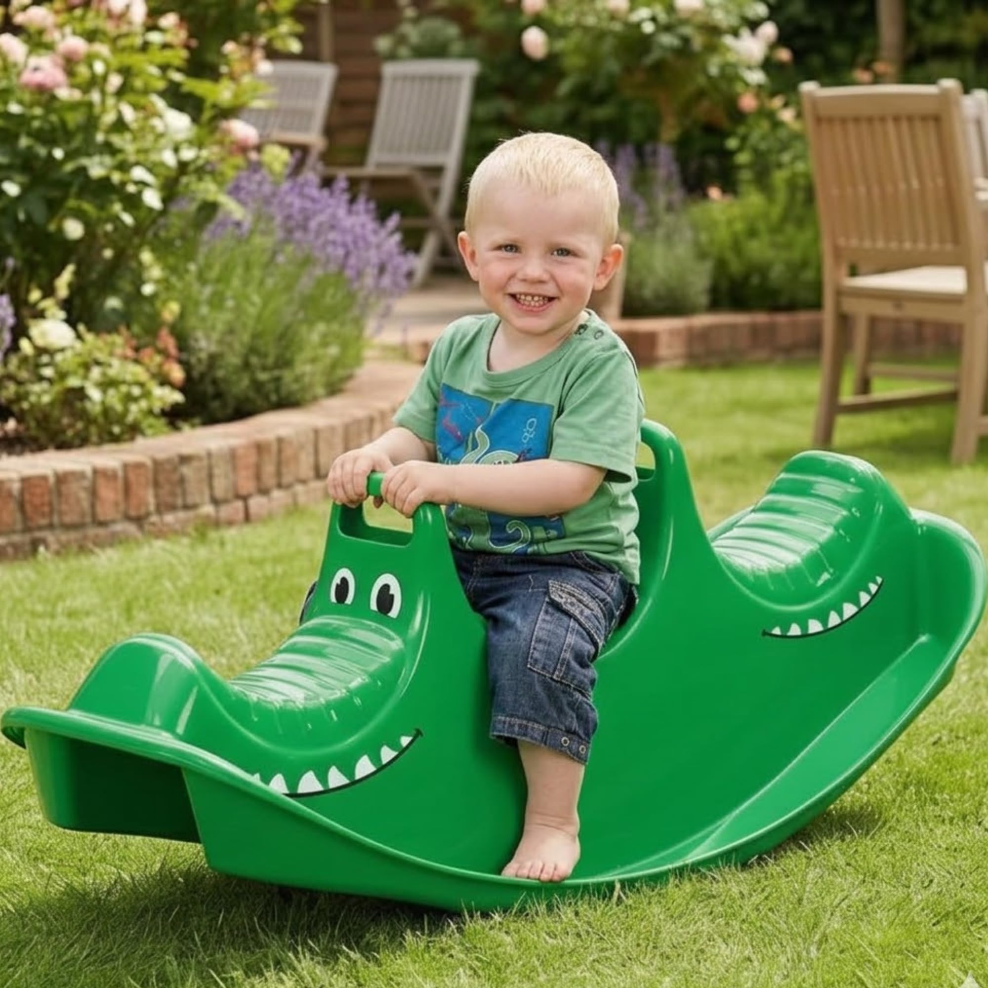 Dantoy – Schaukelpferd mit 3 Sitzen - Wippe aus Langlebiger Kunststoff - Kinderwippe für Kinder - 1–5 Jahre - Grünes Krokodil - Garten Spielzeug - Draußen / Drinnen - Hergestellt in Dänemark