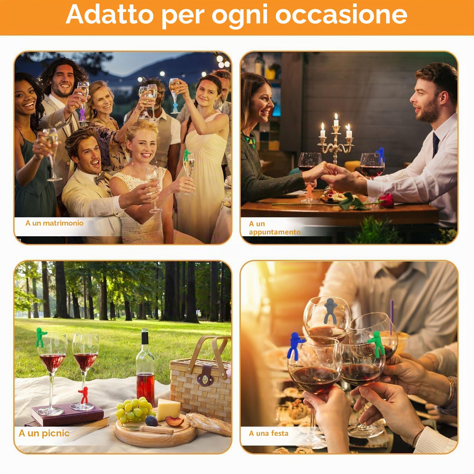 Set di marcatori per bicchieri da vino per feste, identificatori di bevande in vetro riutilizzabili in silicone Marcatori per cartellini per flauti di champagne Cocktail Martini