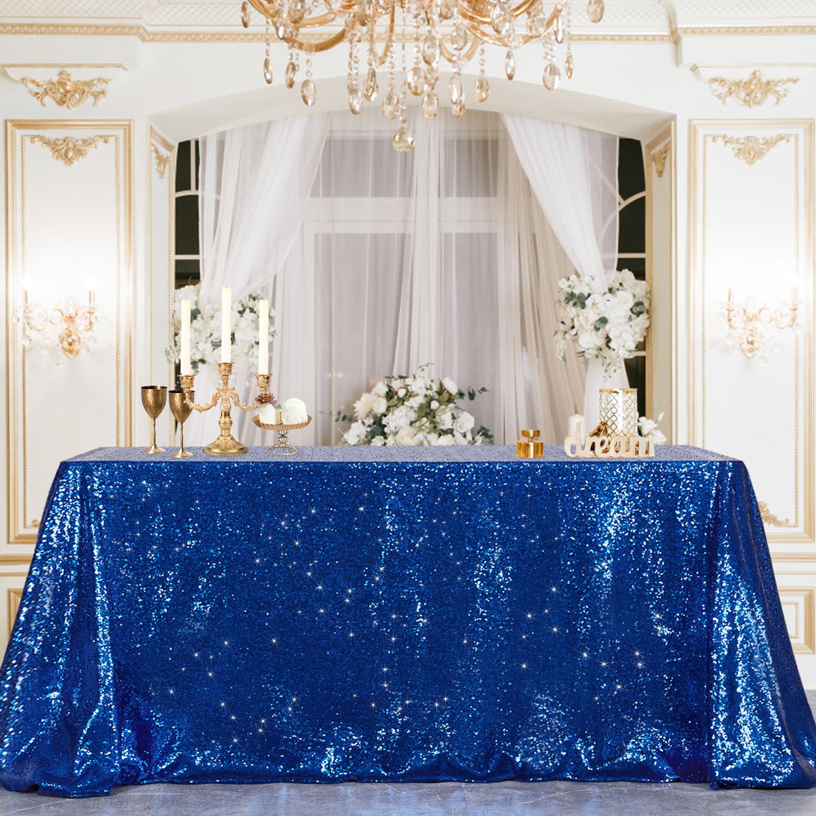Sequin Tablecloth Royal Blue Wedding Tablecloths for Round Table Blue Tablecloth Sequence Skirts Sequins Table Cloths Independence Day Parties 90x132 Inch