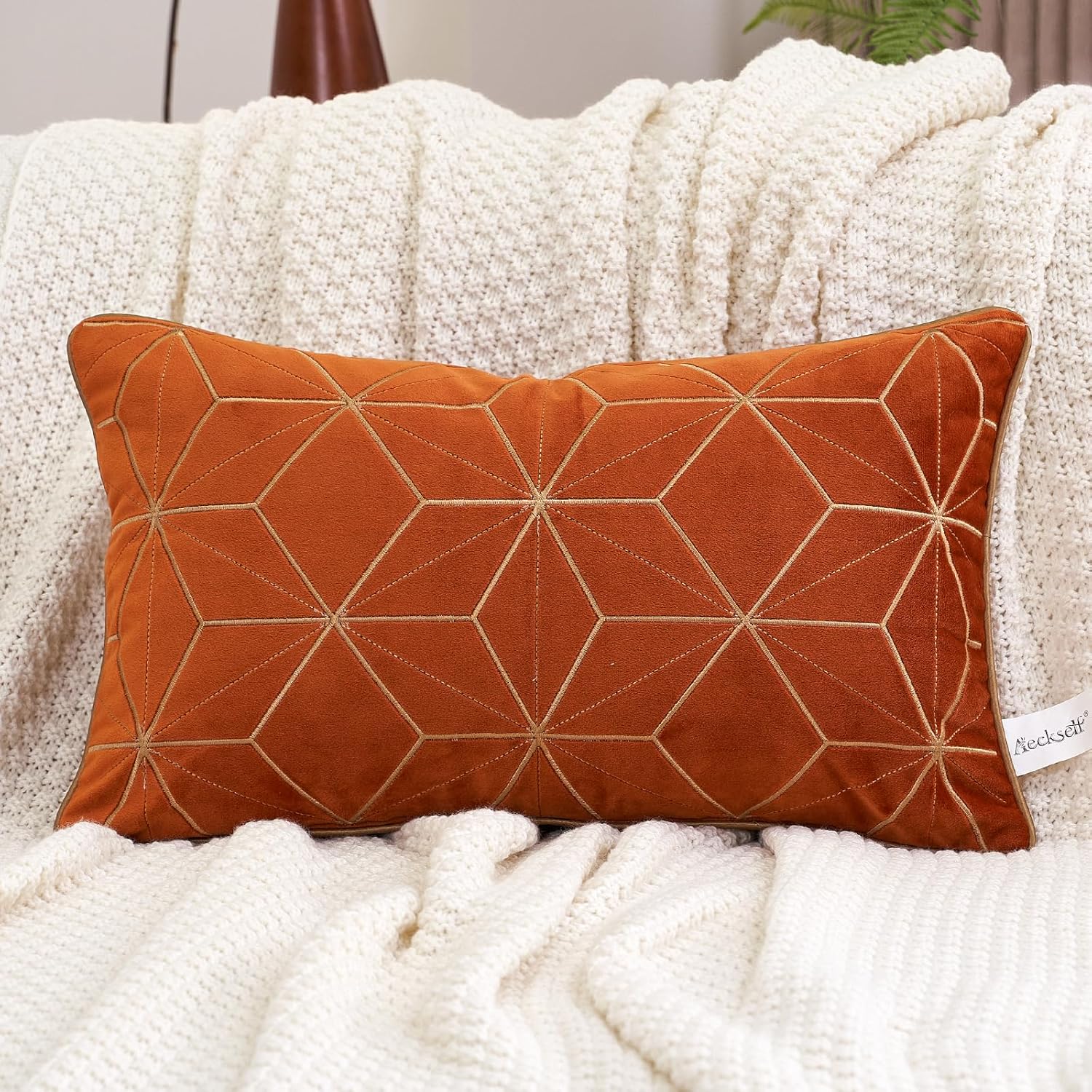 Aeckself 12 x 20 Inch Orange Gold Plaid Geometric Stripes Embroidery Velvet Cushion Case Luxury Modern Rectangle Decorative Throw Pillow Cover Pillowcase for Couch Living Room Bedroom Car