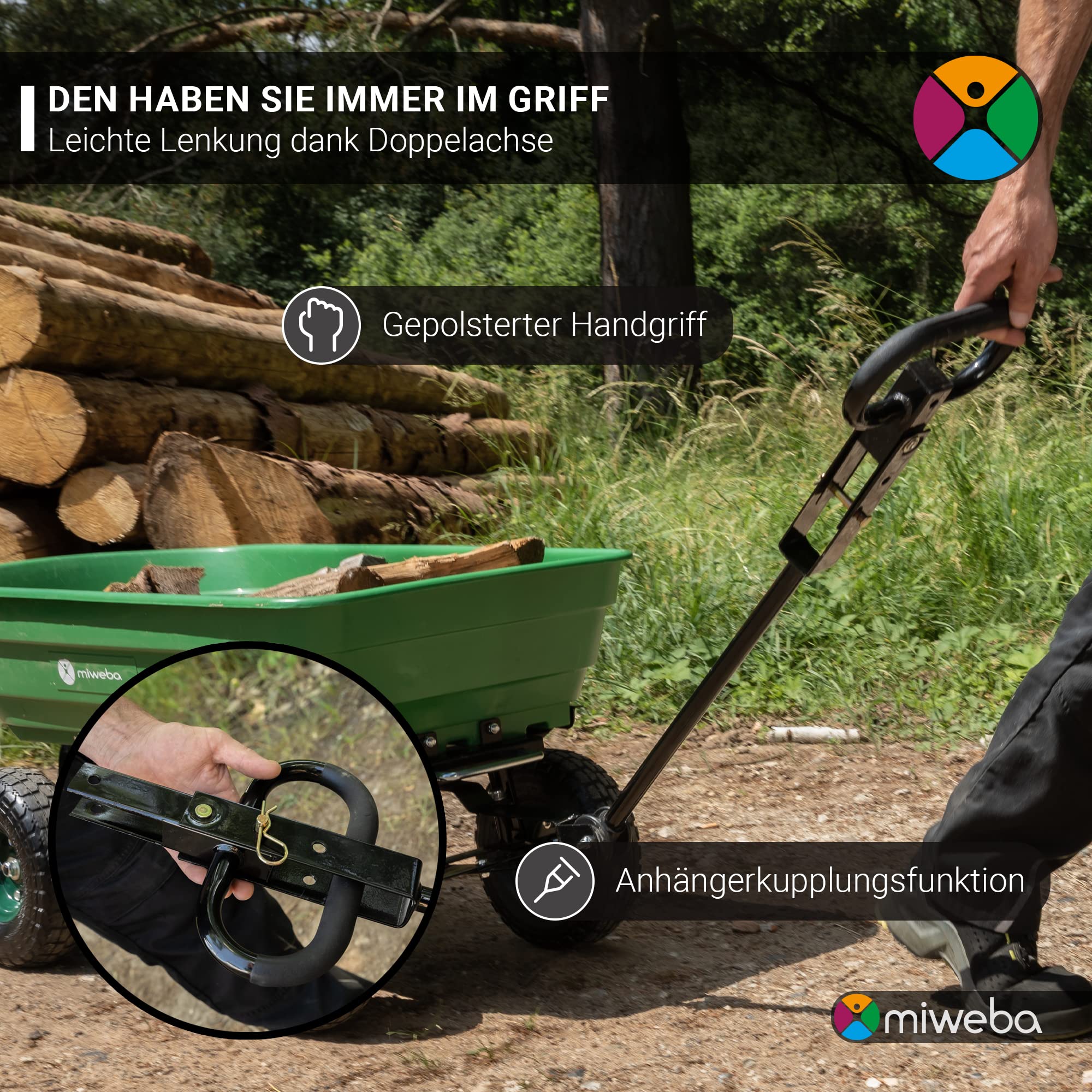 Miweba Bollerwagen Dumper | 𝟑𝟎𝟎 kg Traglast - Luftreifen - Volumen 75 L - Kippfunktion - Sackkarre - Schubkarre - Transportwagen - Kinderwagen - Handwagen - Gartenwagen - Wagen - Kippwagen (Rot)
