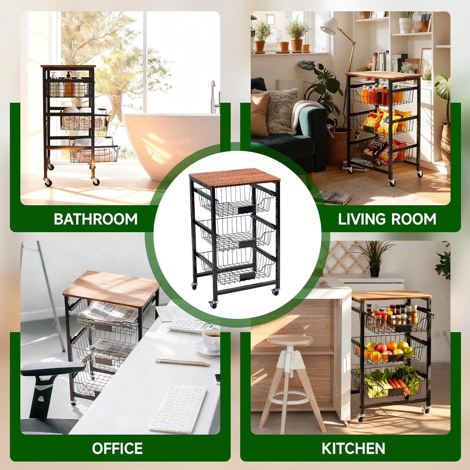 2 Pack 4-Tier Rolling Pantry Floor Organizer with Wheels Metal Kitchen Storage Cart with Pull-Out Baskets and Wood Top for Pantry Kitchen Office Living Room Fruit Snack Vegetable - Image 6