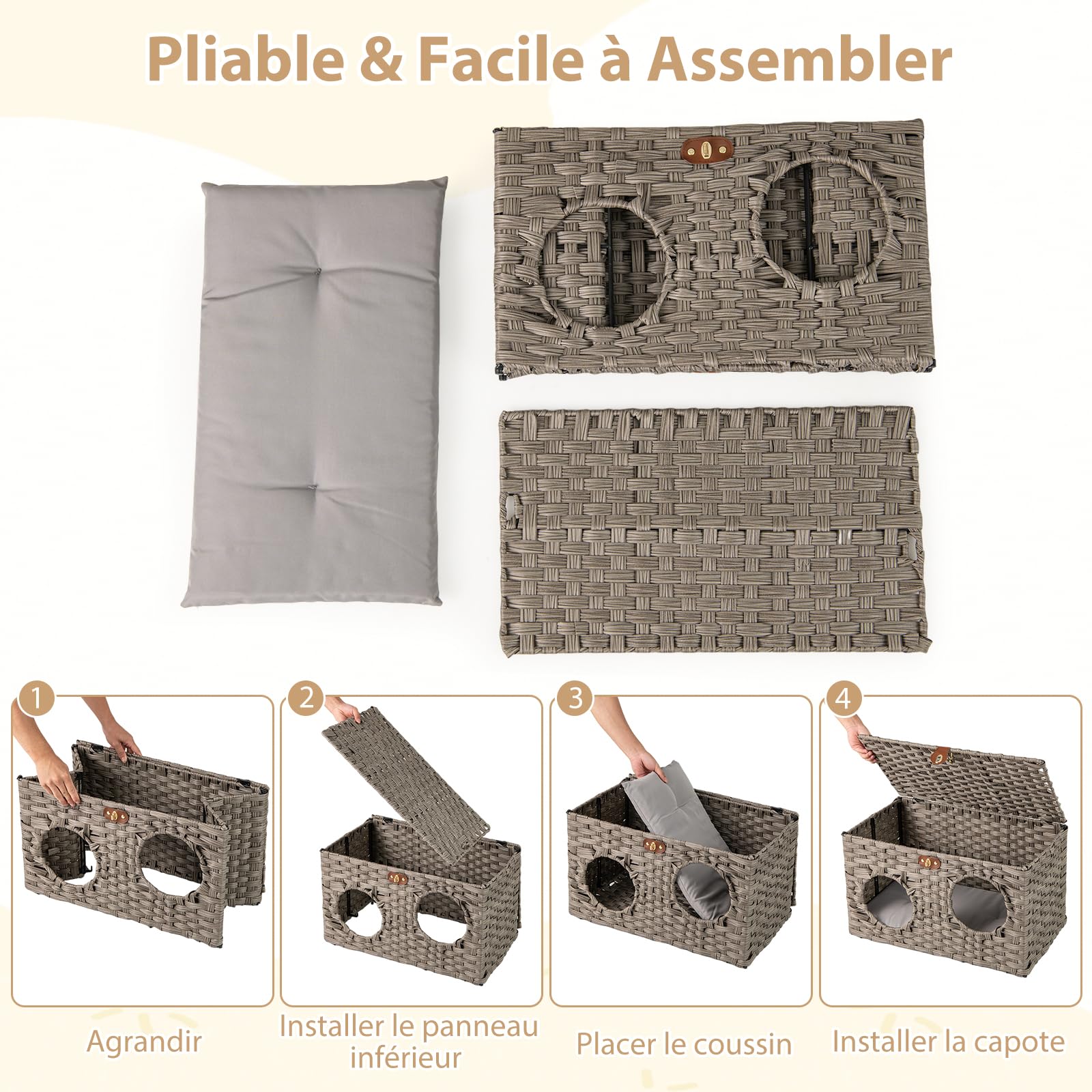 COSTWAY Niche Chat Pliable en Rotin PE, Maison pour Chat Interieur, Coussin Amovible, Couvercle Verrouillable, 2 Entrées, Pied Antidérapant, Meuble Chaton pour Salon Chambre, 60 x 35 x 35 cm