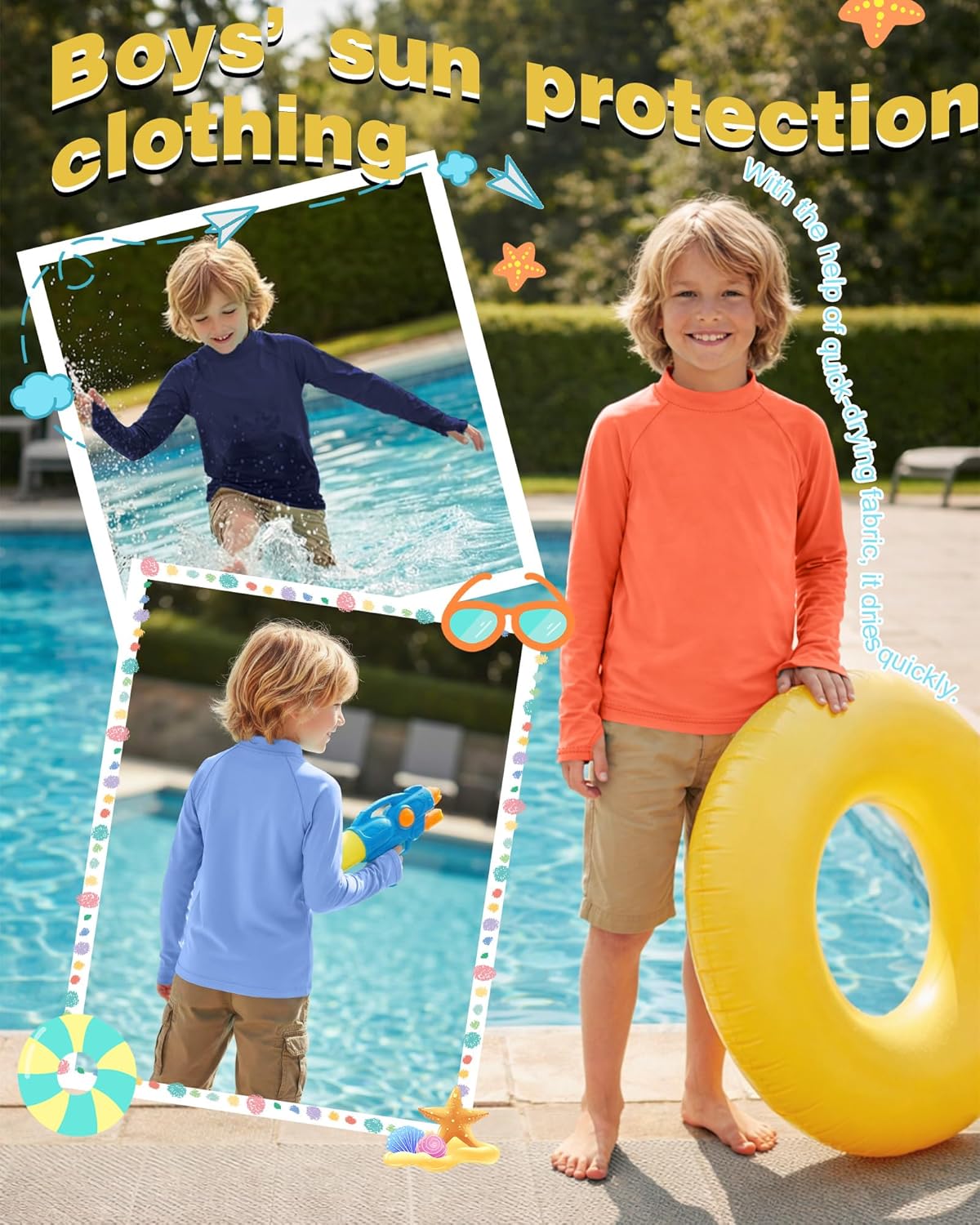 3 Pack Boys' UPF 50+ Rash Guard Kids Youth Long Sleeve Quick Dry Swim Shirt Sun Protection UV Beach Surf Shirts