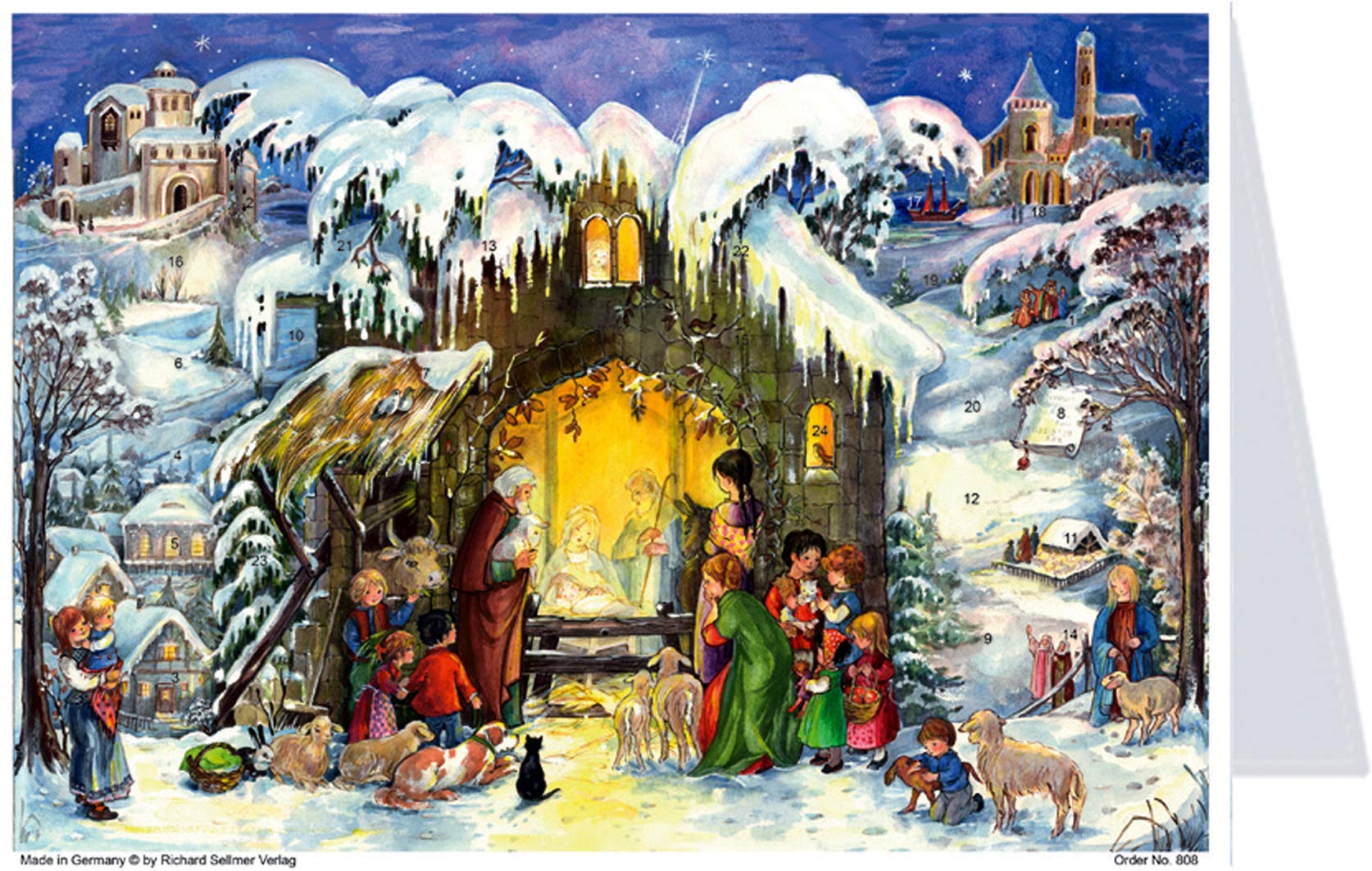 Mini Calendario Dell'Avvento Con 24 Porte – 105x155 Mm, Bianco Con Buste, Design Tradizionale Tedesco Con Natività E Re Magi, 40059