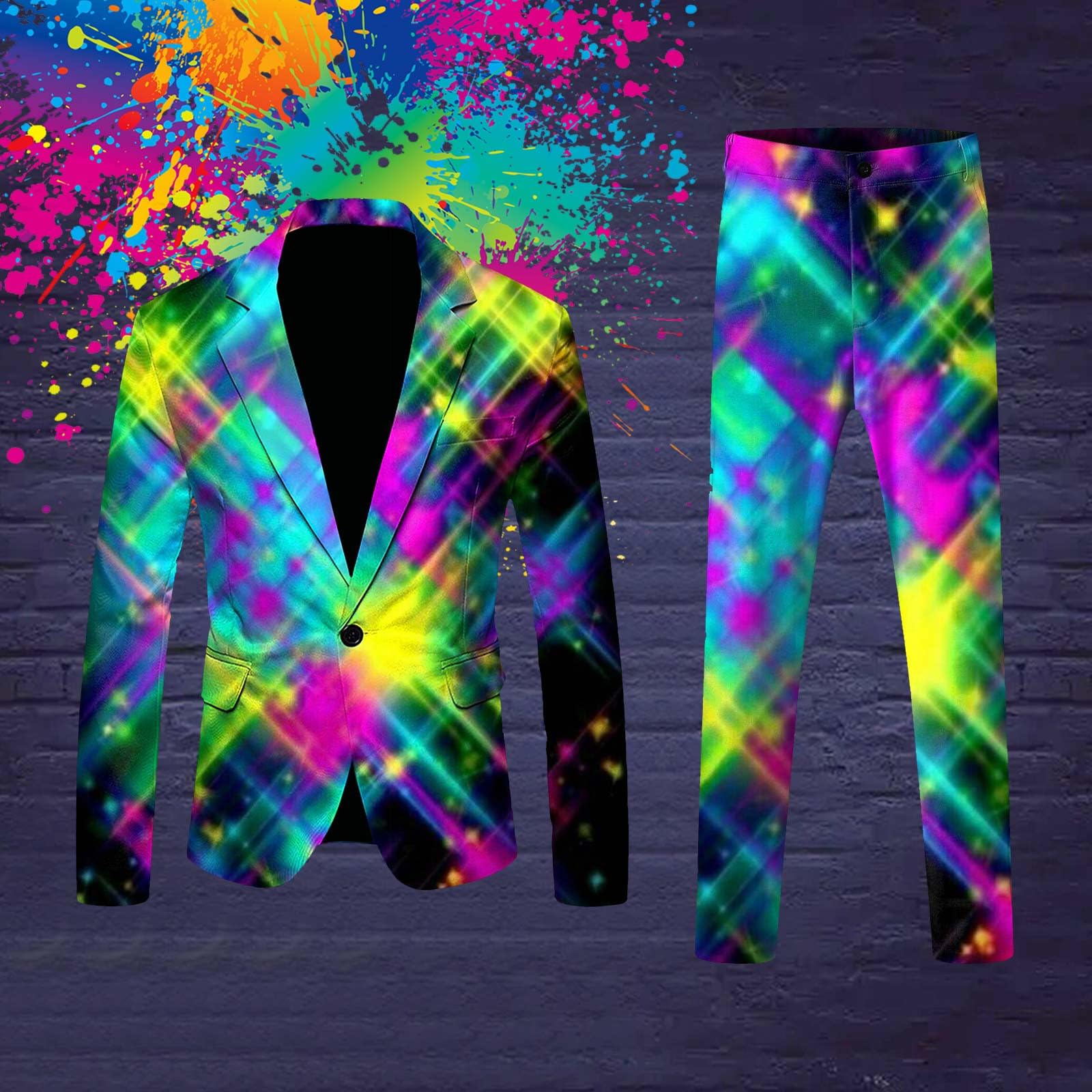 Generisch Anzug Herren Karneval 2pc Blazer Langarm EIN Knopf Revers Bunt Print Lustig Anzughose Faschingskostüm Party Verkleidung Freizeit Elegant Festlich Stylisch Mottoparty Anzugset