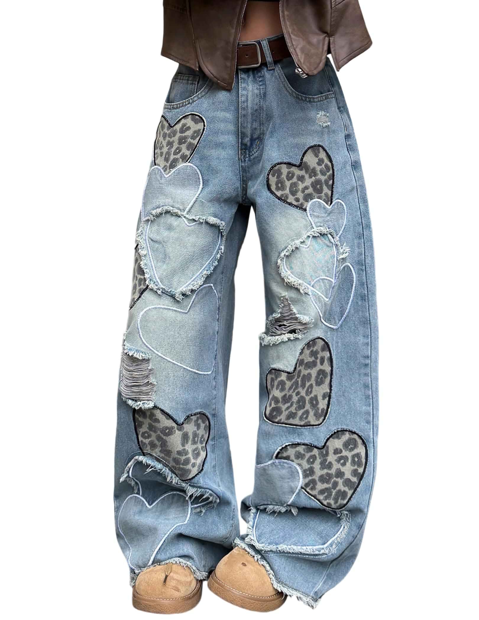 Baggy Jeans for Women Heart Patchwork Leopard Wide Leg Y2k Pants Loose Fit, Vintage, Ripped, Mid Waist, Denim, Straight Leg, 90s, 2000s, Hip Hop, Boyfriend, Casual, Streetwear, Long Trousers
