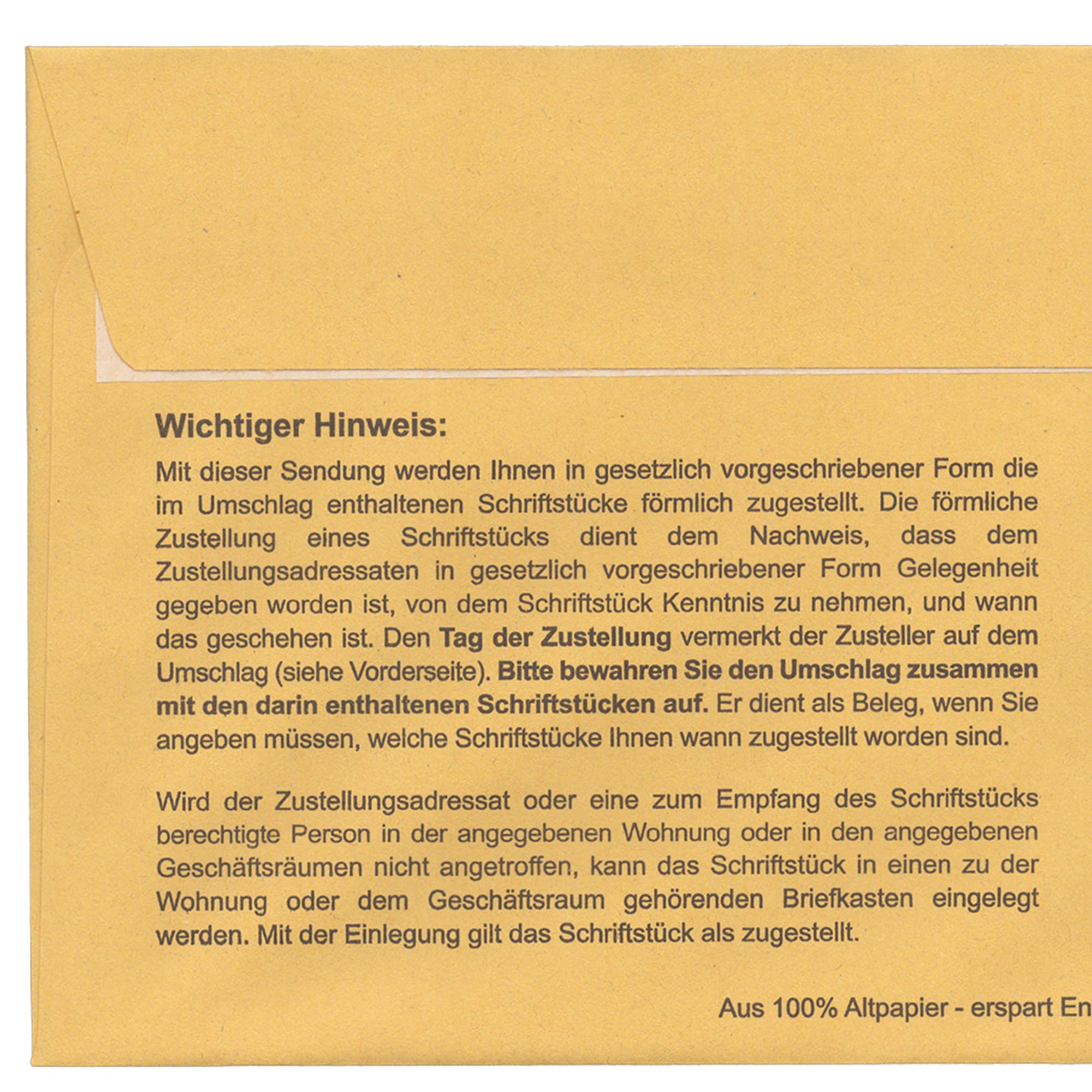 Postzustellungsumschläge DIN Lang „ Förmliche Zustellung “ - Zustellungshüllen mit Fenster (110 × 220 mm), Recycling-Gelb, haftklebend - ZPO-konform (DIN Lang, 100, Anzahl)