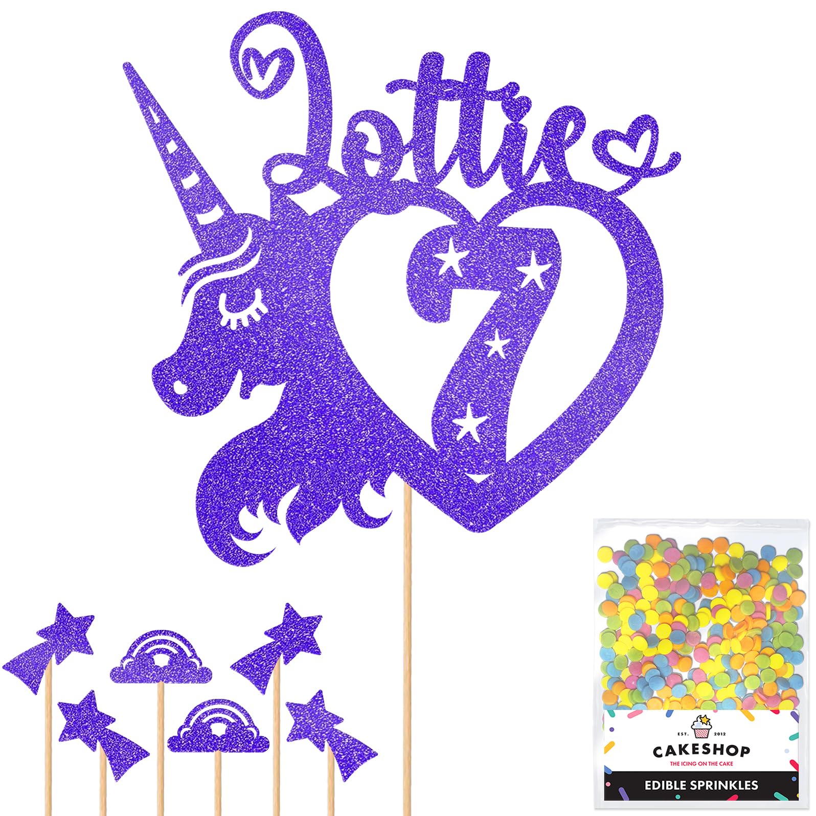Personalised Unicorn Heart Glitter Cake Topper- Bright Blue Any Custom Age & Name Glitter Cake Decoration and Sprinkles - Happy Birthday Decorations - Personalised Toppers for Cakes by Cakeshop