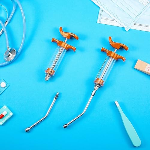 Miniatura 7 de Jeringa de 2 piezas con 2 boquillas de empapamiento, dosis ajustable, reutilizable, para ovejas, cabras (naranja, 0.7 fl oz)
