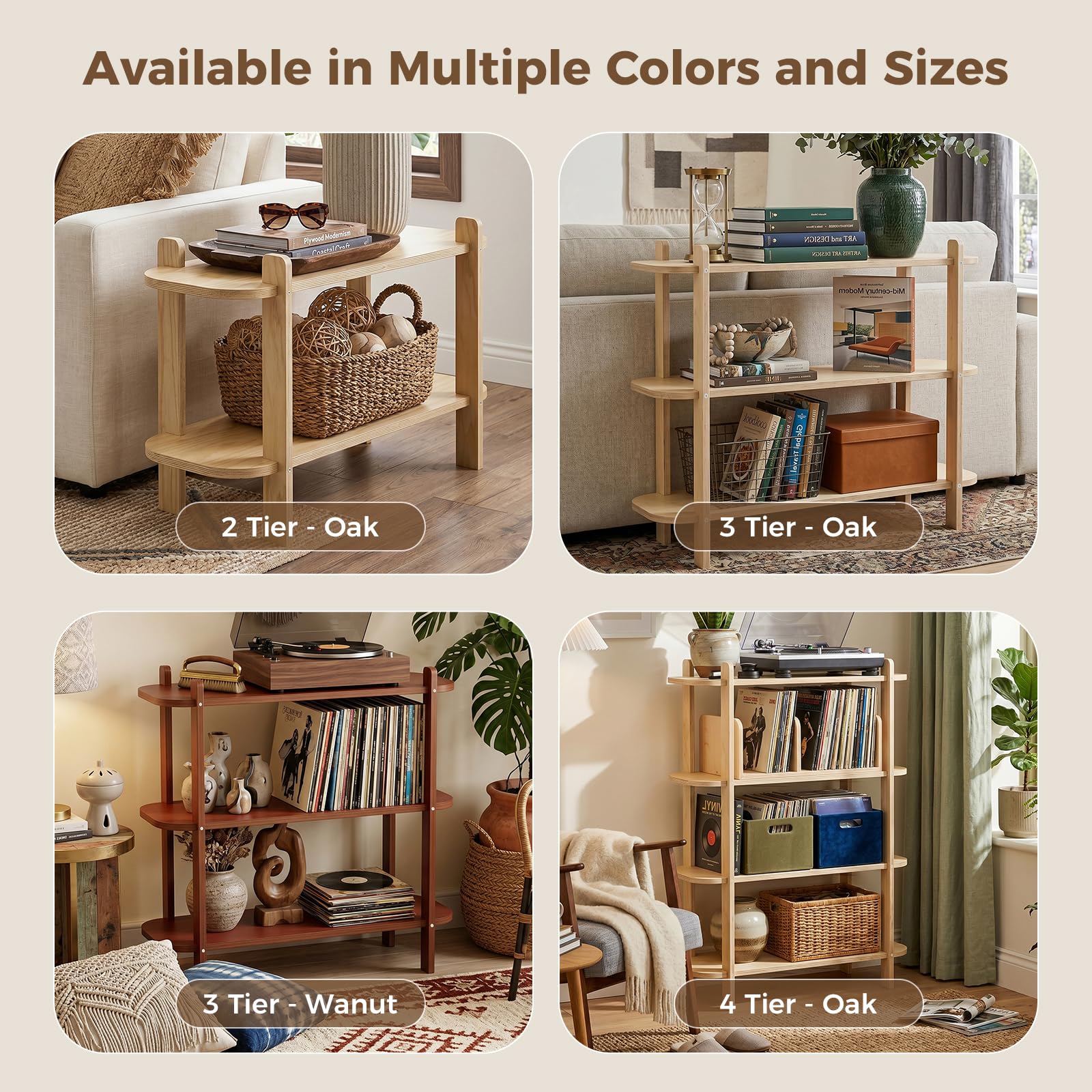 Étagère sur pied en bois à 3 niveaux, étagère en vinyle, étagère pour tourne-disque aspect noyer, étagère ouverte en bois pour le salon, support de lecteur de disques avec espace de