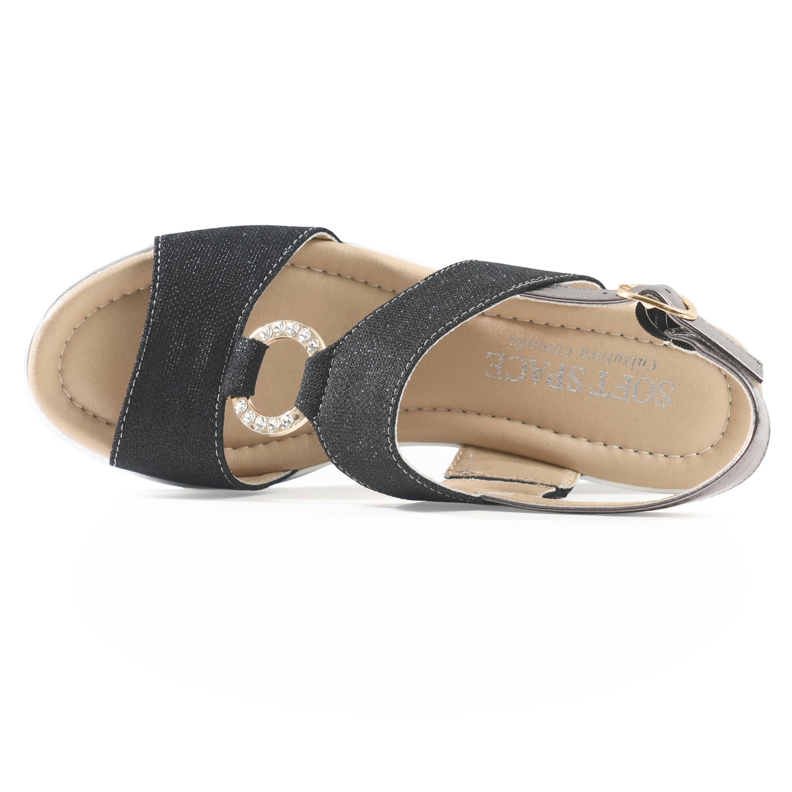 JOMIX Sandales Femme Élégantes avec Compensée 7 cm Tissu Brillant et Détail Bijou avec Anneau Strass Bride Réglable Semelle Confort Amortissante Antidérapante Chaussures Été Casual Chic