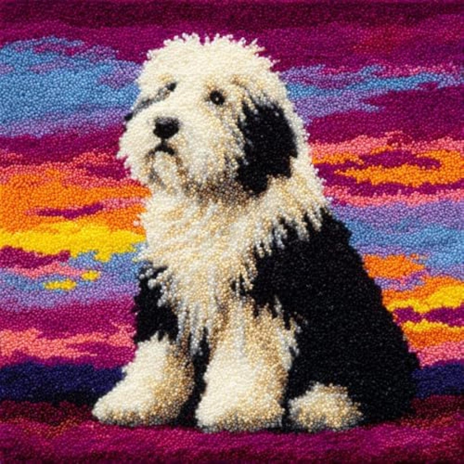 kitphoenix DIY Latch Hook Cushion Kit Old English Sheepdog Sit and Sunset,Beginner-Friendly Rug Hooking Pillow Kit,Crochet Craft Cushion Cover for Home Decor,43x43 cm-3
