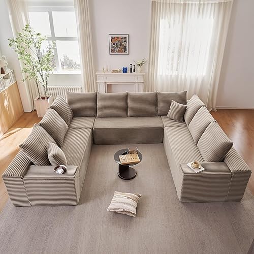 Modern Modular Sectional Sofa, Big Comfy Corduroy Cloud Couch with Deep Seat, Boneless Couch Upholstered 8-Seater U-Shaped Sofa for Living Room, No Assembly Required (Camel)