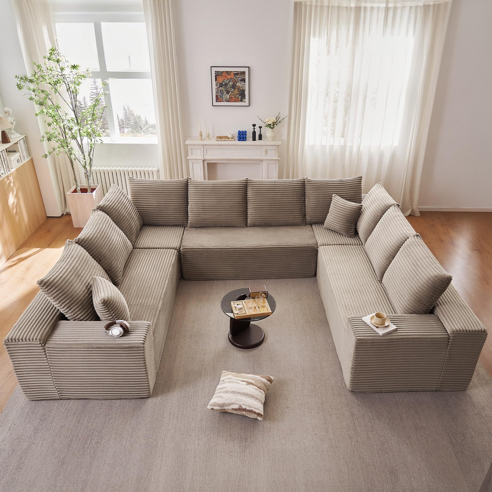Oversized Modular Sectional Sofa Couch, Large 8 Seater Corner Sofa Modern U Shaped Sectional Couch Cloud Couches for Living Room, Office, Spacious Space, Corduroy, No Assembly Required, Camel