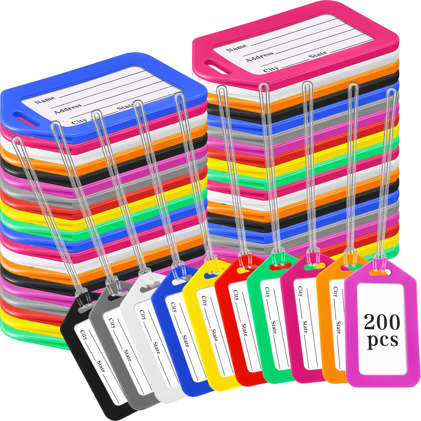 200 etiquetas de equipaje a granel para maletas, mochilas de plástico, etiquetas de nombre de equipaje, Cuerda de PVC