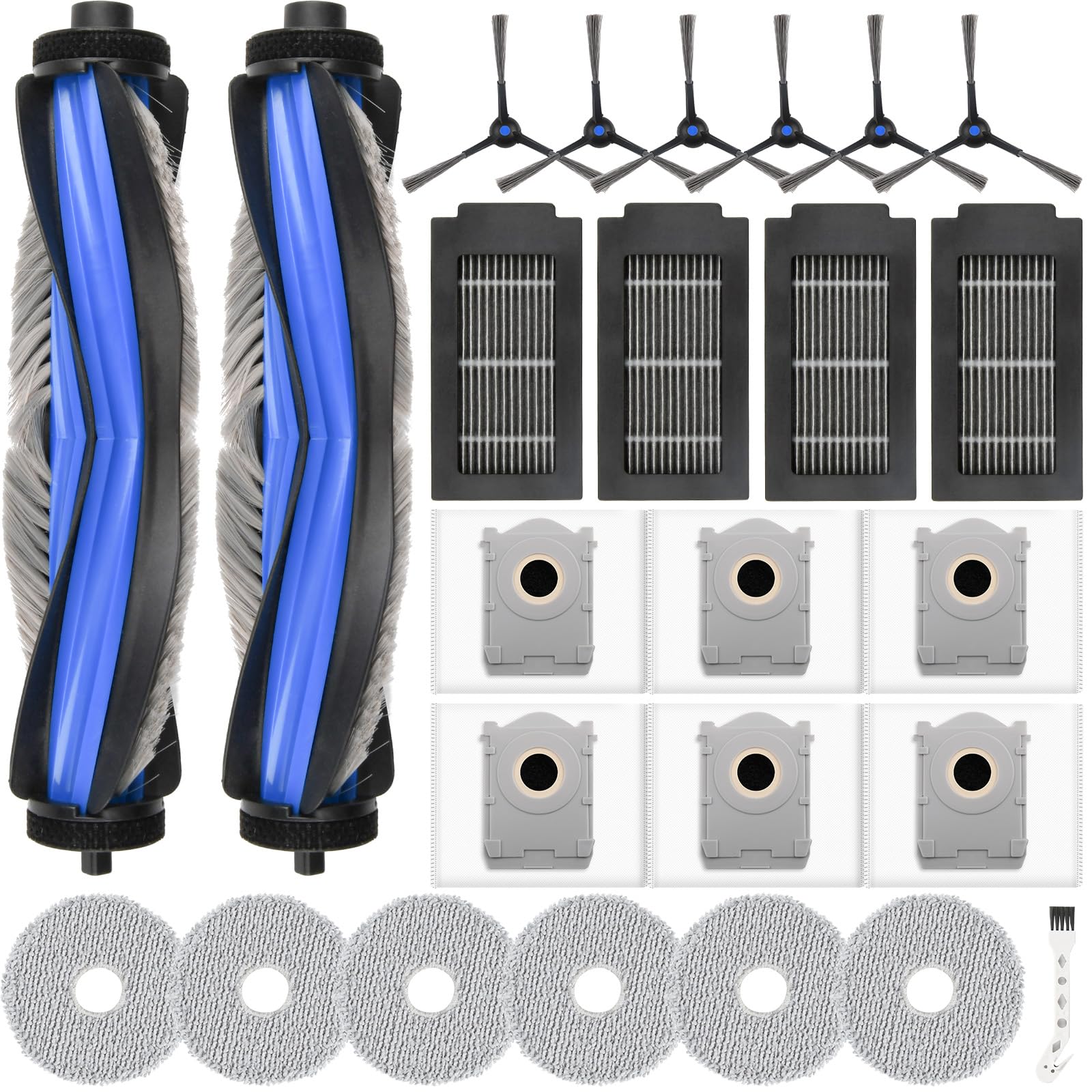 25 Stück Zubehörset für ECOVACS DEEBOT T50 Pro Omni / T50 Omni / T50 Pro Omni Gen2 Saugroboter, mit 2 Hauptbürste, 4 Filters, 6 Seitenbürsten, 6 Staubbeutel, 6 Wischpads, 1 Reinigungsbürste