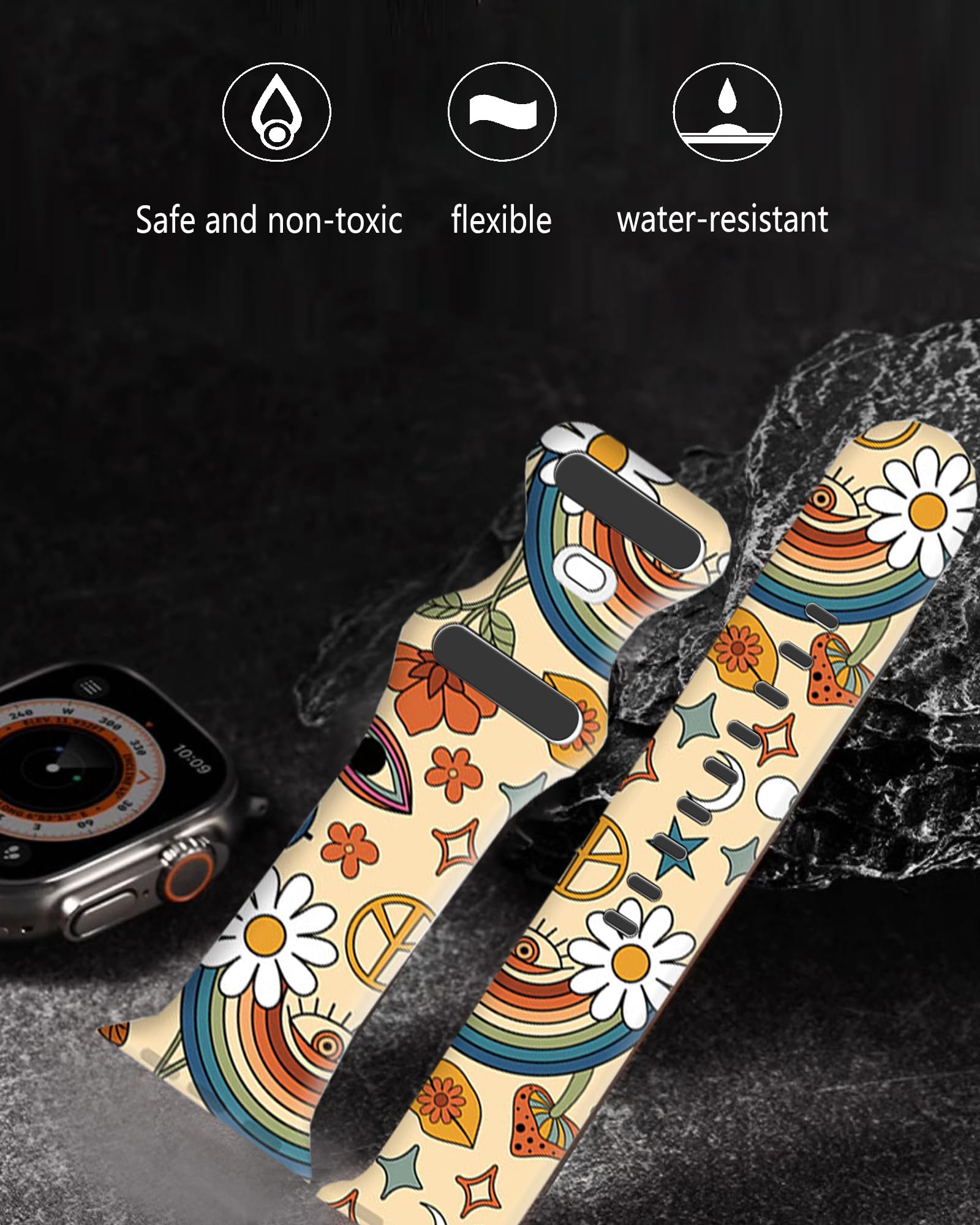 Silicone Pattern Watch Band Compatible with Apple Watch Band 38mm 40mm 41mm 42mm 44mm 45mm 49mm for Women Men,Luxury Sport Watch bands for iWatch Series 9 8 7 6 5 4 3 2 1 SE(mushroom rainbow floral)
