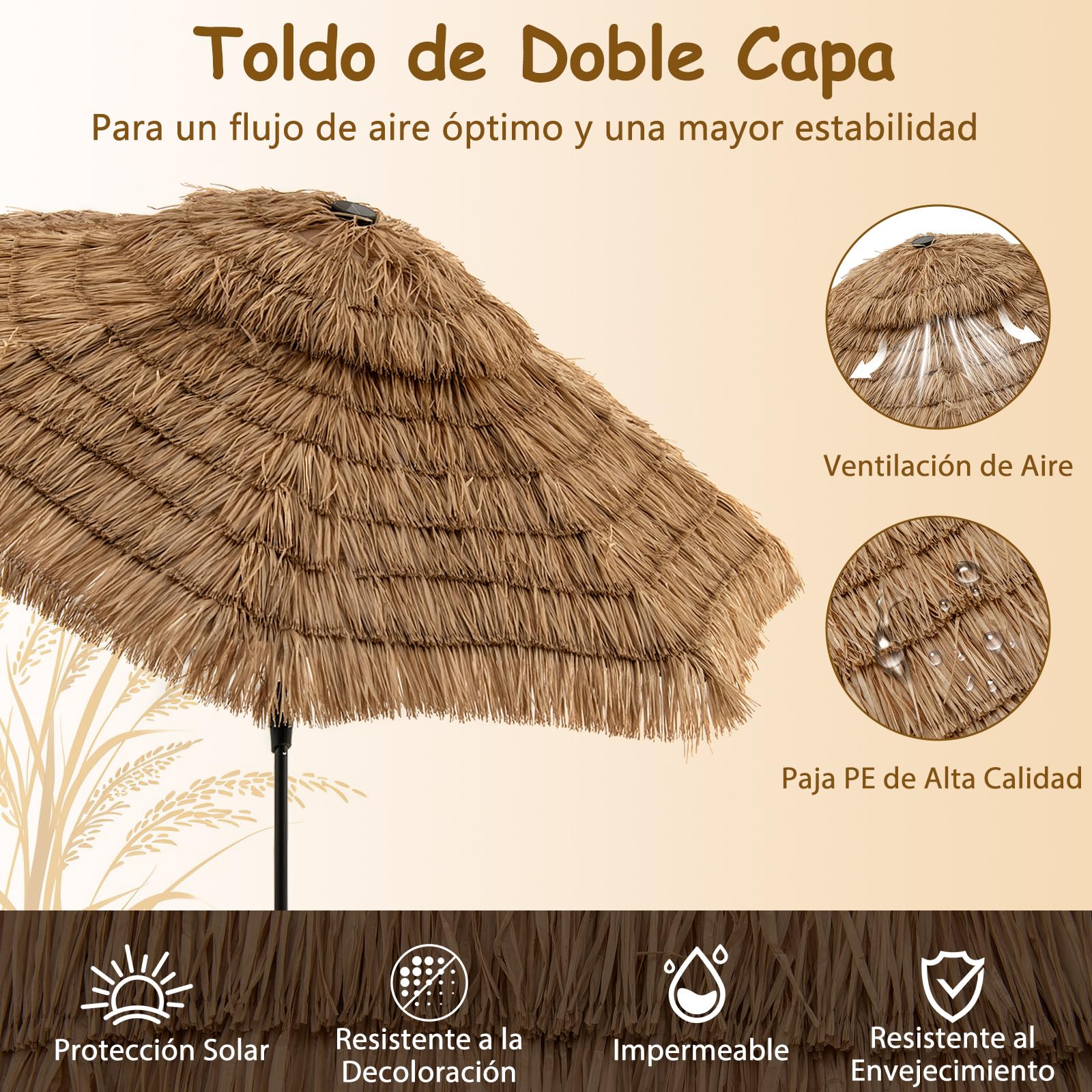COSTWAY Sombrilla Terraza Exterior con Techo de Paja, Sombrilla Hawaiana con 8 Varillas, Botón para Inclinación, Parasol Exterior con Doble Respiradero para Playa Patio Piscina