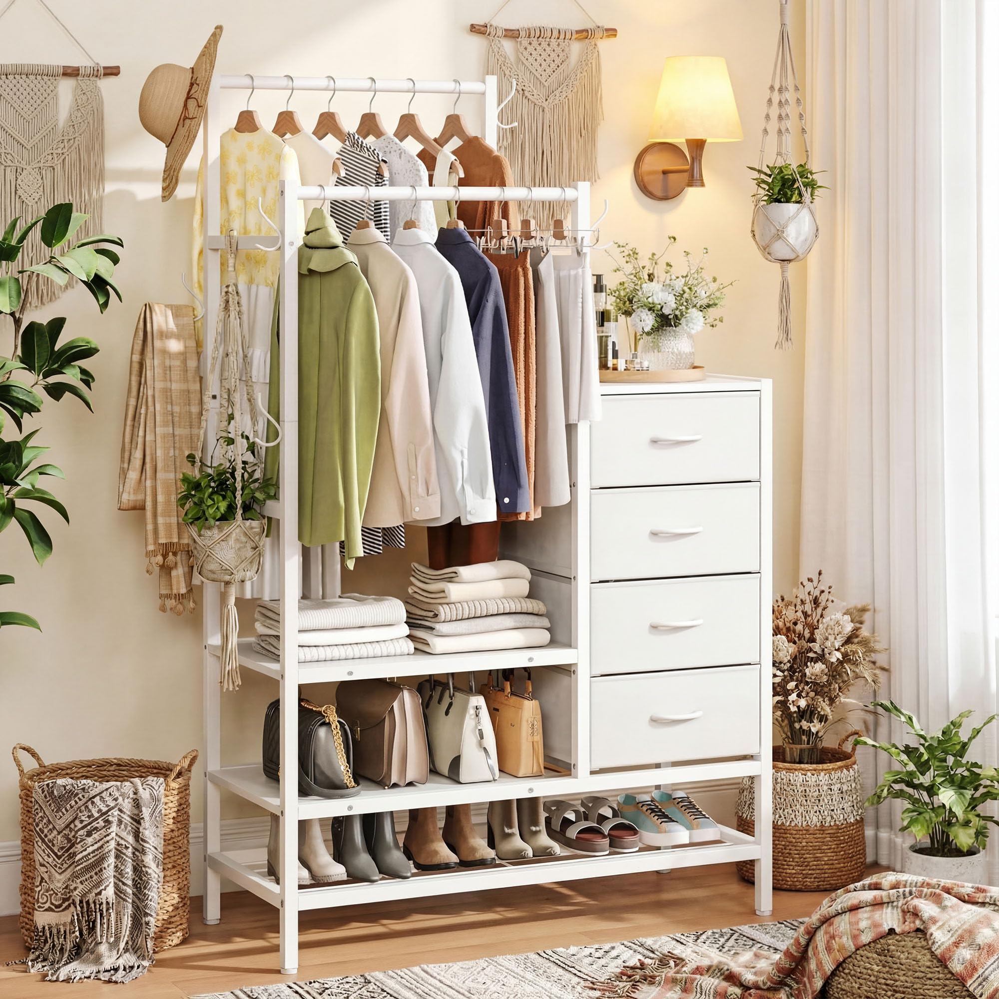 iPormis 3 in 1 Chest of Drawers Bedroom, Including 4 Fabric Drawers, with a 2 Coat Rail and 5 Coat Hooks, The Bottom Three-Layer Storage Design Can Hold Shoes, Bags, Clothes And Other Items, White