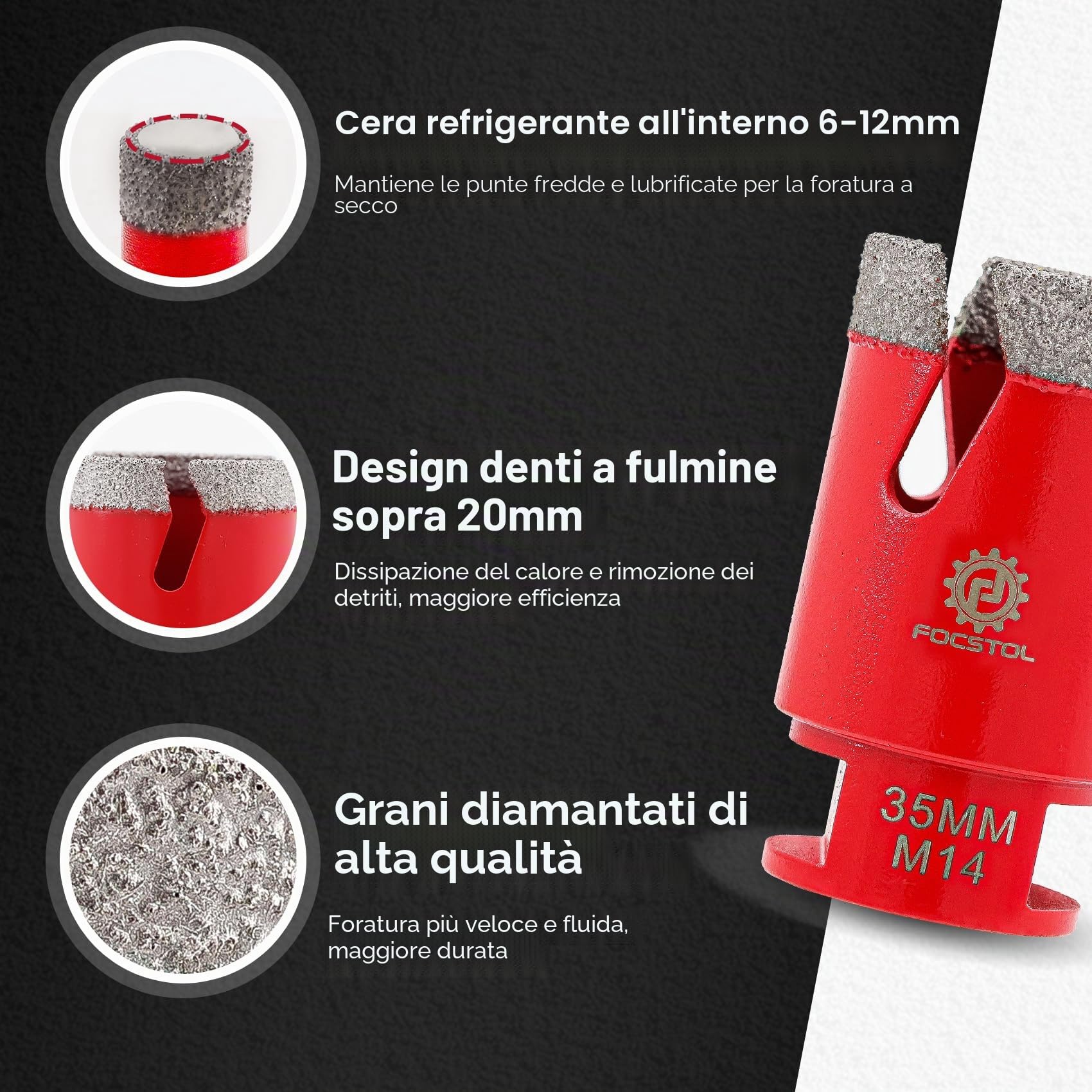 FOCSTOL Punte per Trapano Diamantate - Sega a Tazza Diamantata per Porcellanato Ceramica Piastrelle Marmo 13 pezzi (6/8/10/20/35/50/68/110/125mm+20mm Fresa+50mm Punte Smusso+Adattatore+125mm Disco)