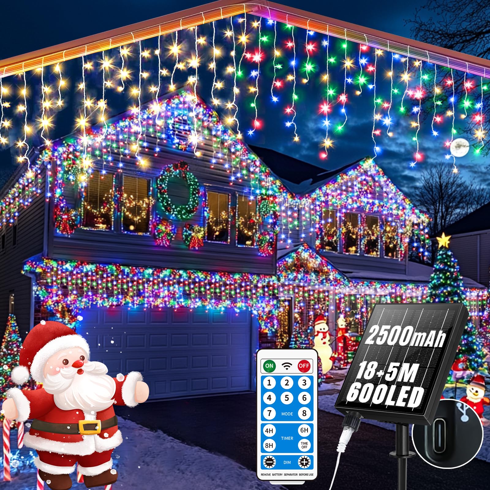 RJEDL 2500mAh Solar Luci di Natale da Esterno, 18+5M 600LED 3 In 1 Impermeabile LED Tenda Luci Natale Esterno, Con 8 Modalità & Timer e Memoria Luci di Natale da Esterno Colorate